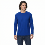 Man wearing a blue long-sleeve shirt on a white background