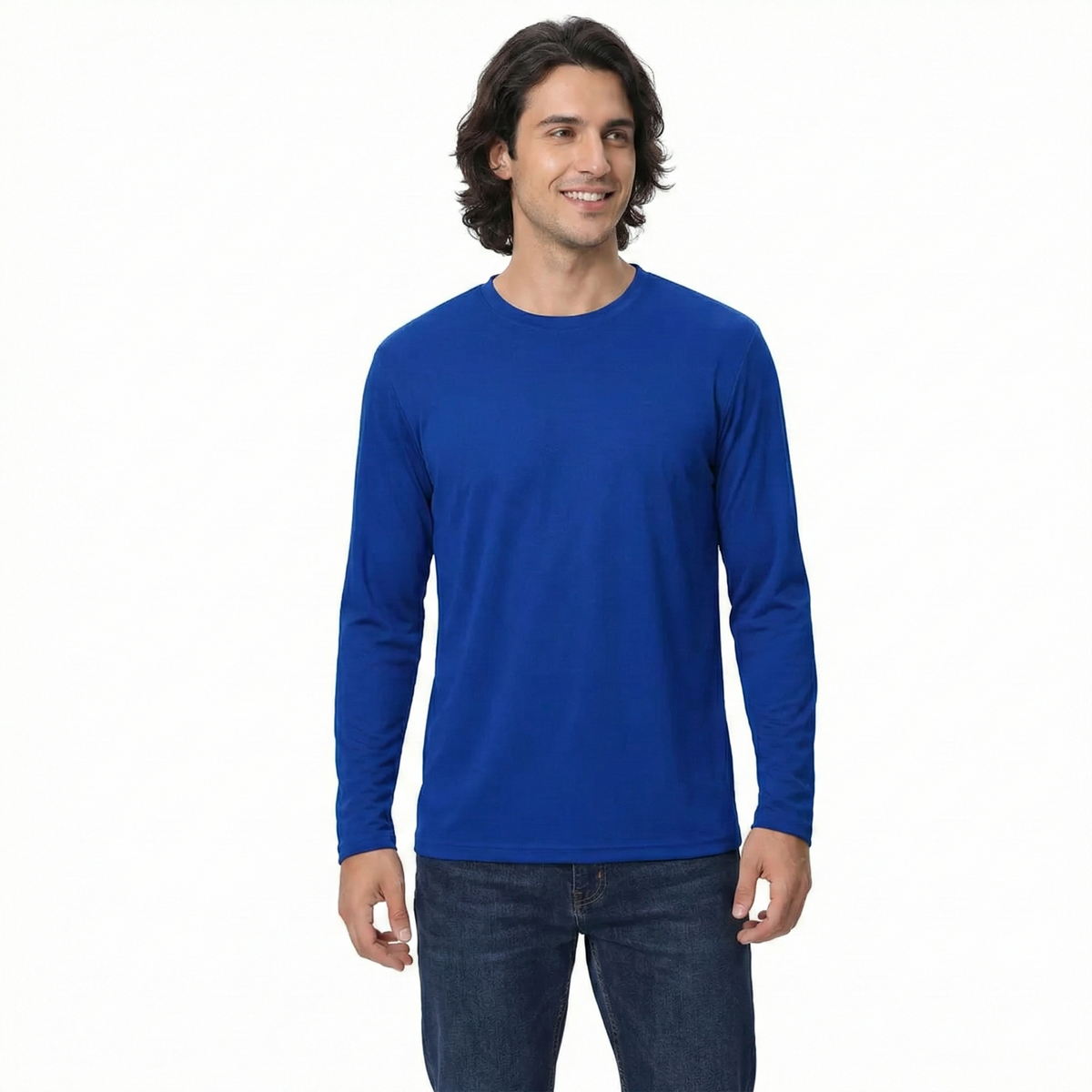 Man wearing a blue long-sleeve shirt on a white background