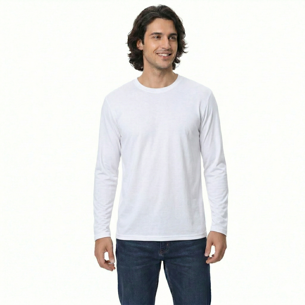 Man wearing a white long-sleeve shirt and dark jeans on a white background