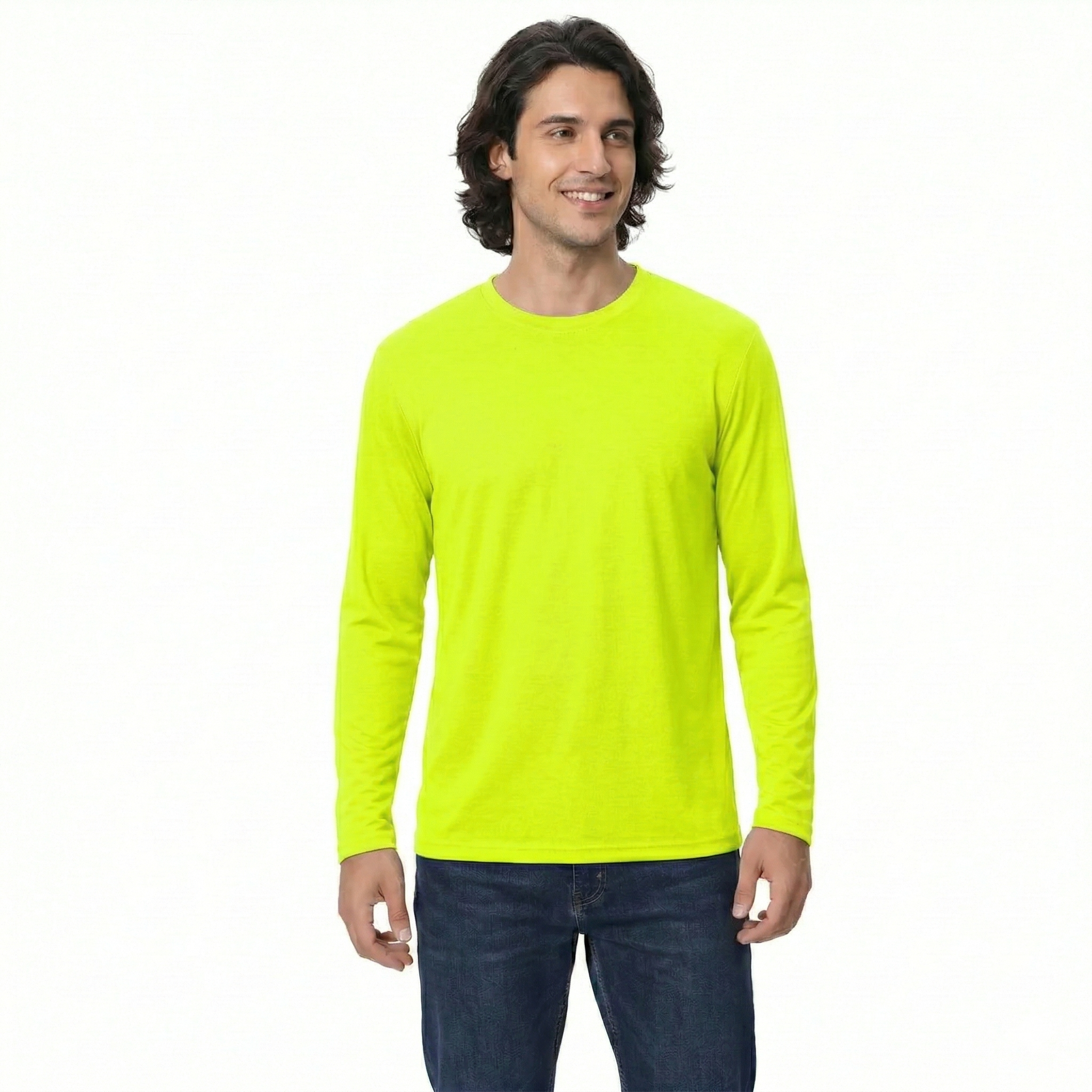 Man wearing a bright yellow long-sleeve shirt on a white background