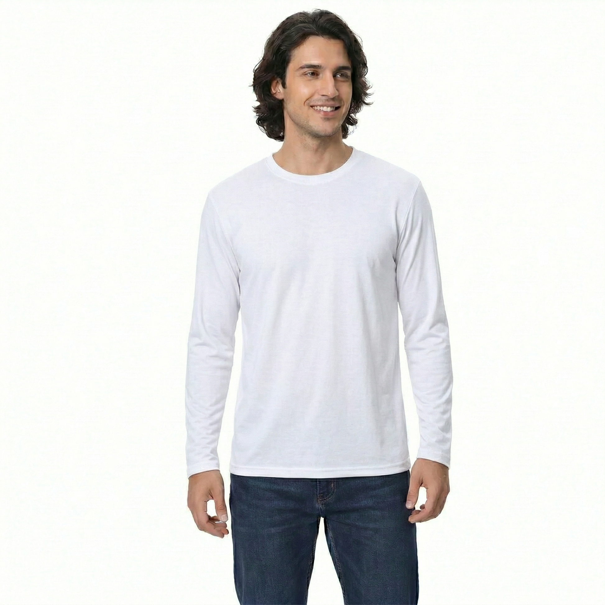 Man wearing a white long-sleeve shirt and dark jeans on a white background