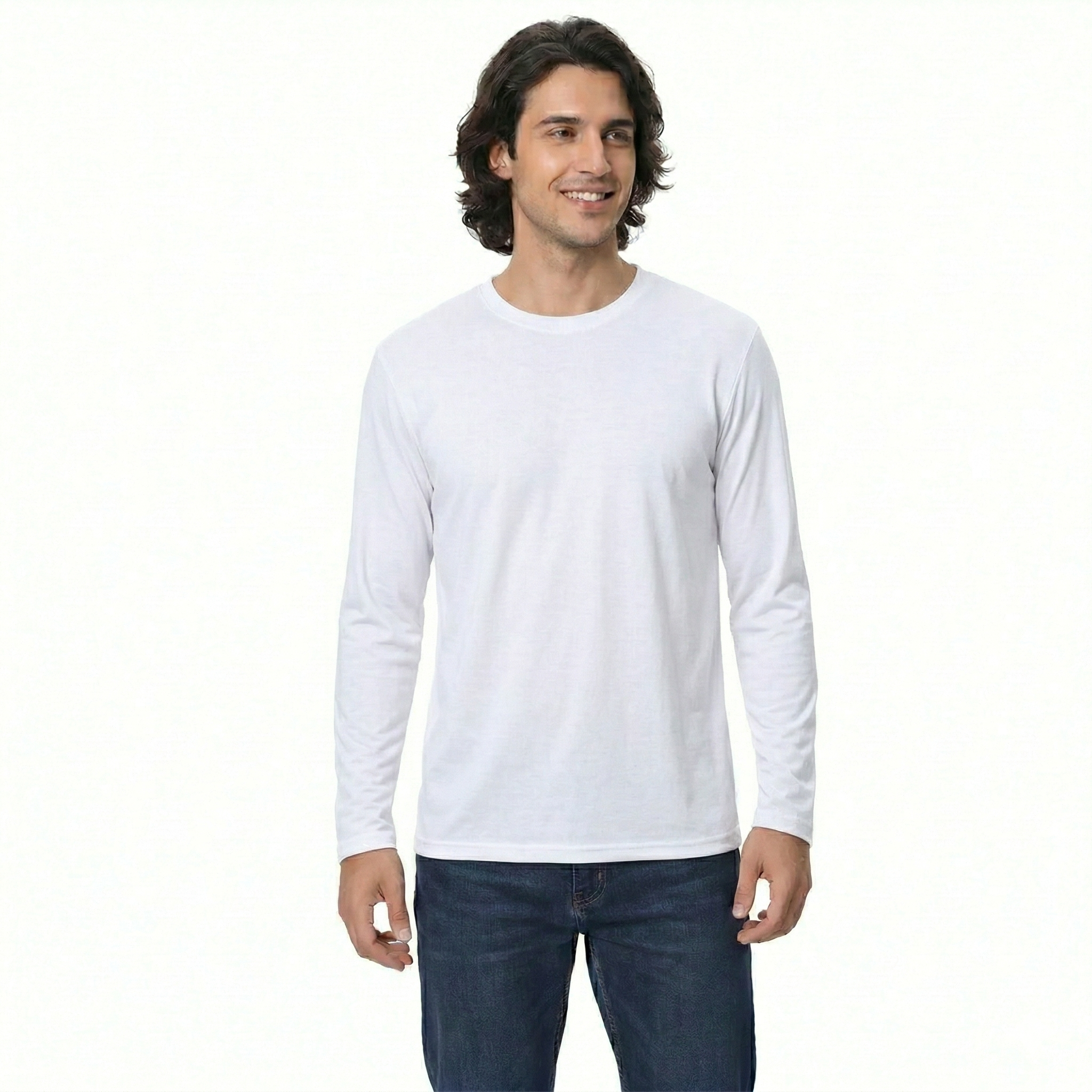 Man wearing a white long-sleeve shirt and dark jeans on a white background