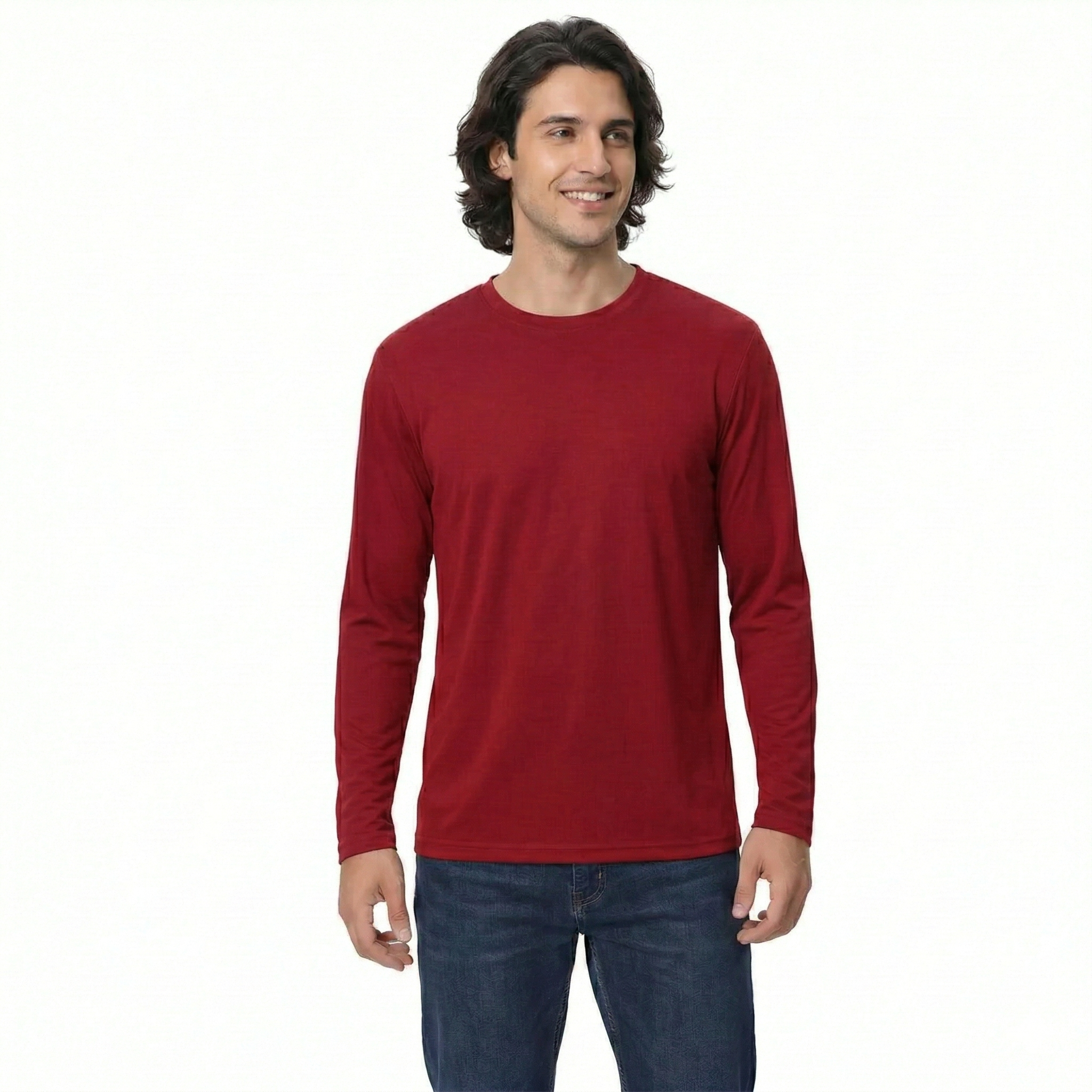 Man wearing a red long-sleeve shirt on a white background