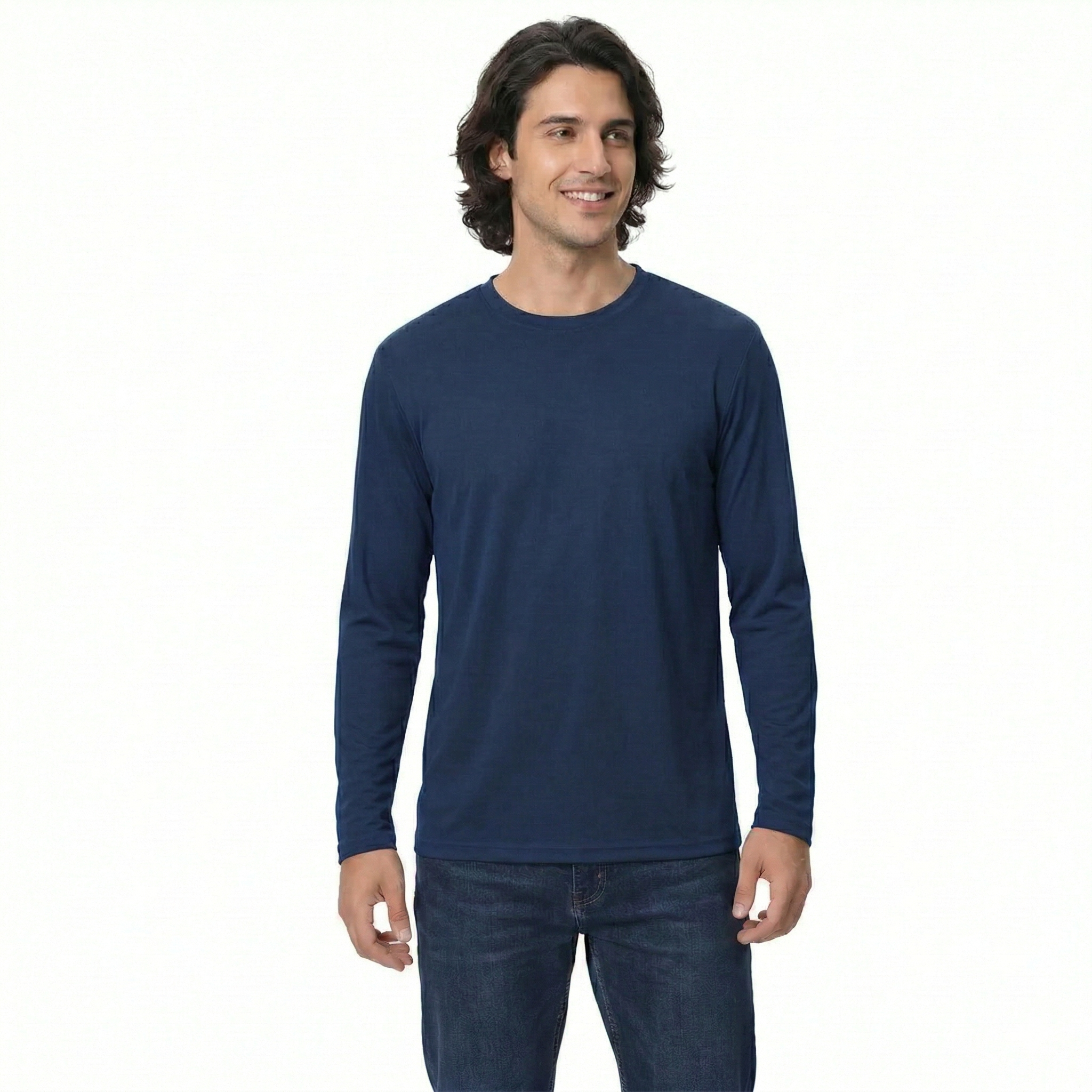 Man wearing a navy long-sleeve shirt on a white background