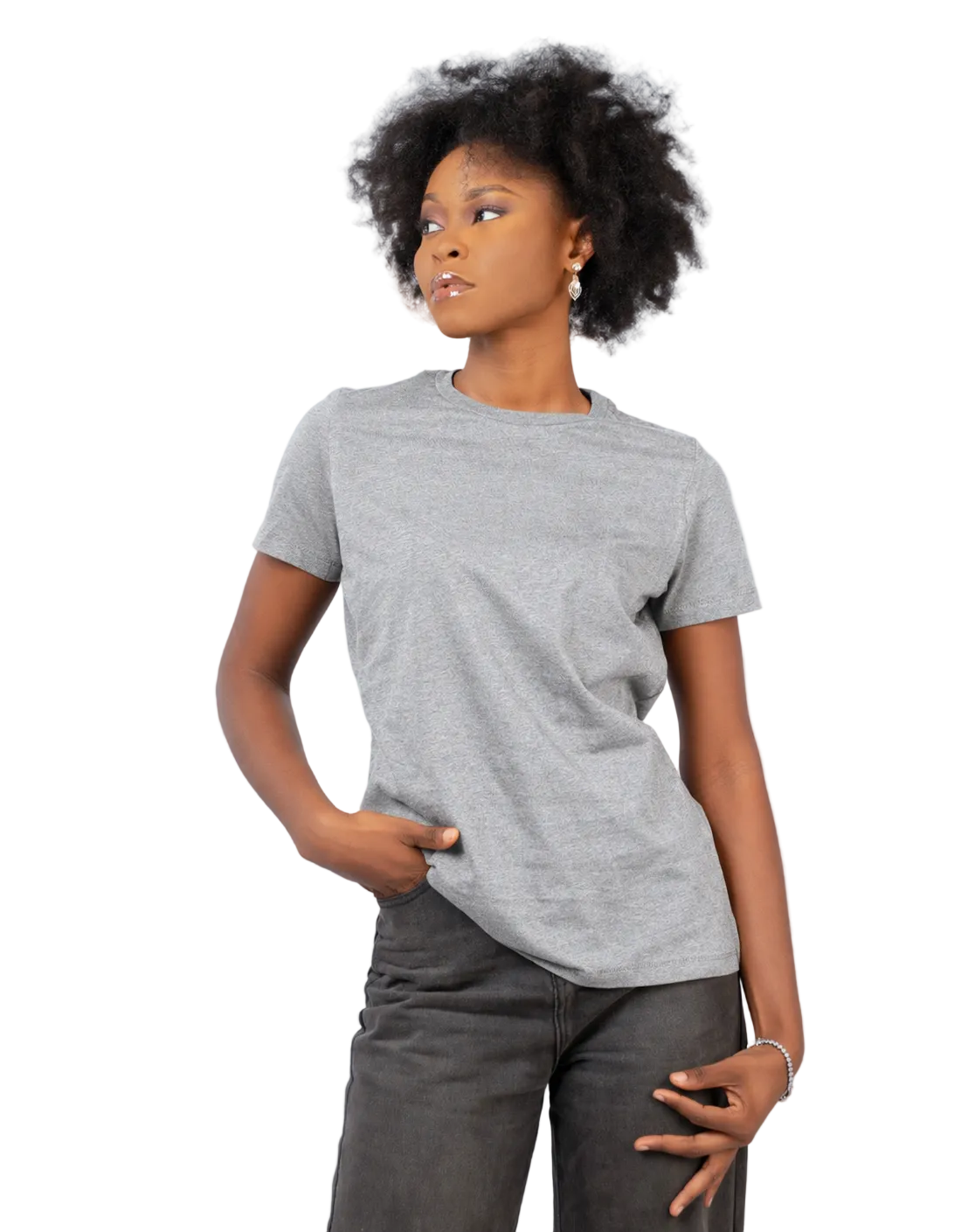 Person wearing a gray t-shirt and dark pants on a light blue background