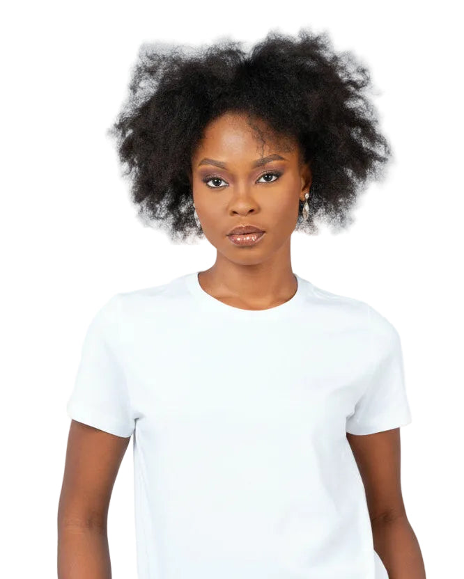 Woman wearing an olive green t-shirt against a plain background
