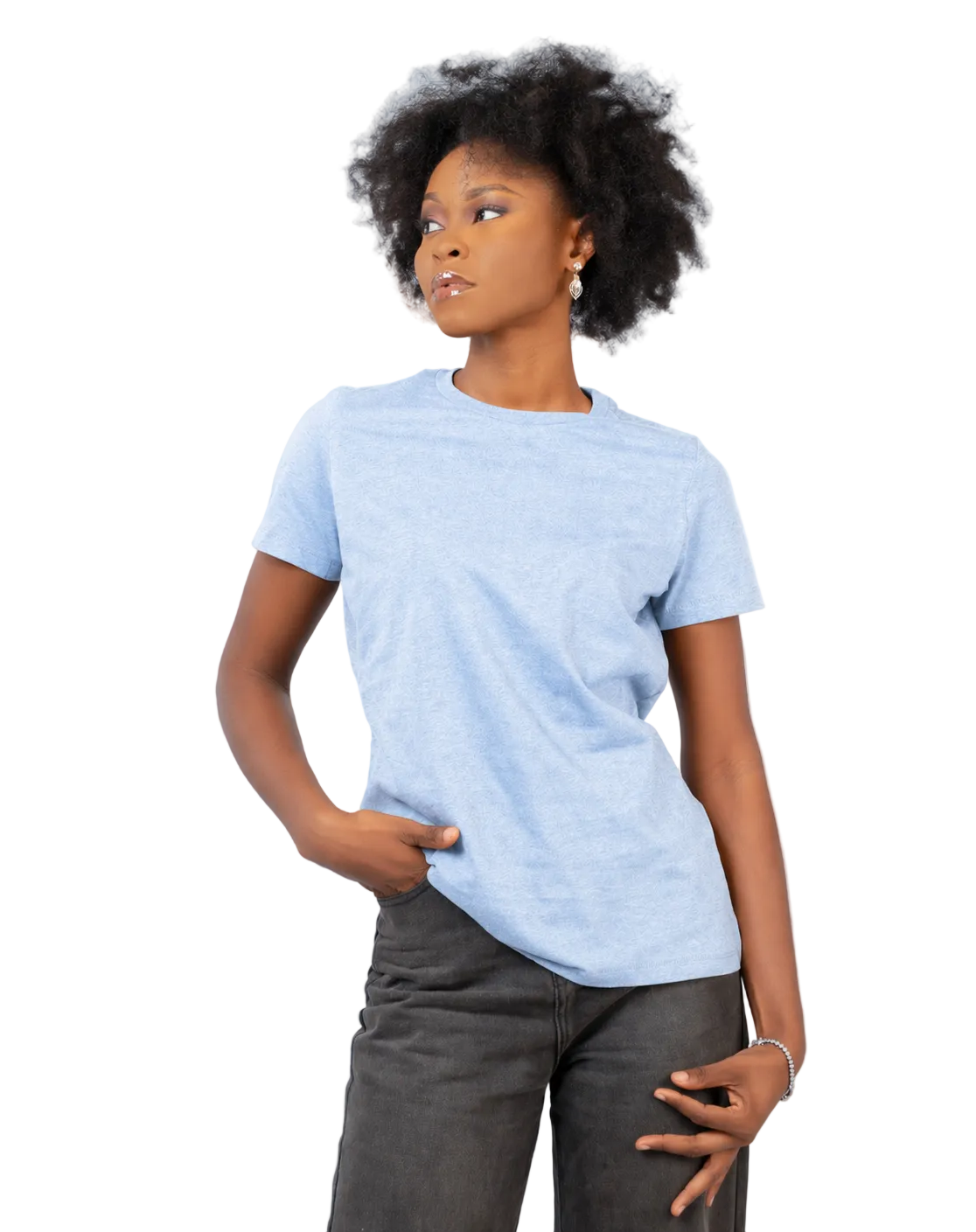 Person wearing a light blue t-shirt and dark pants on a plain background