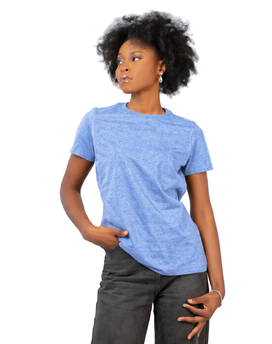Person wearing a blue t-shirt and dark pants on a light gray background