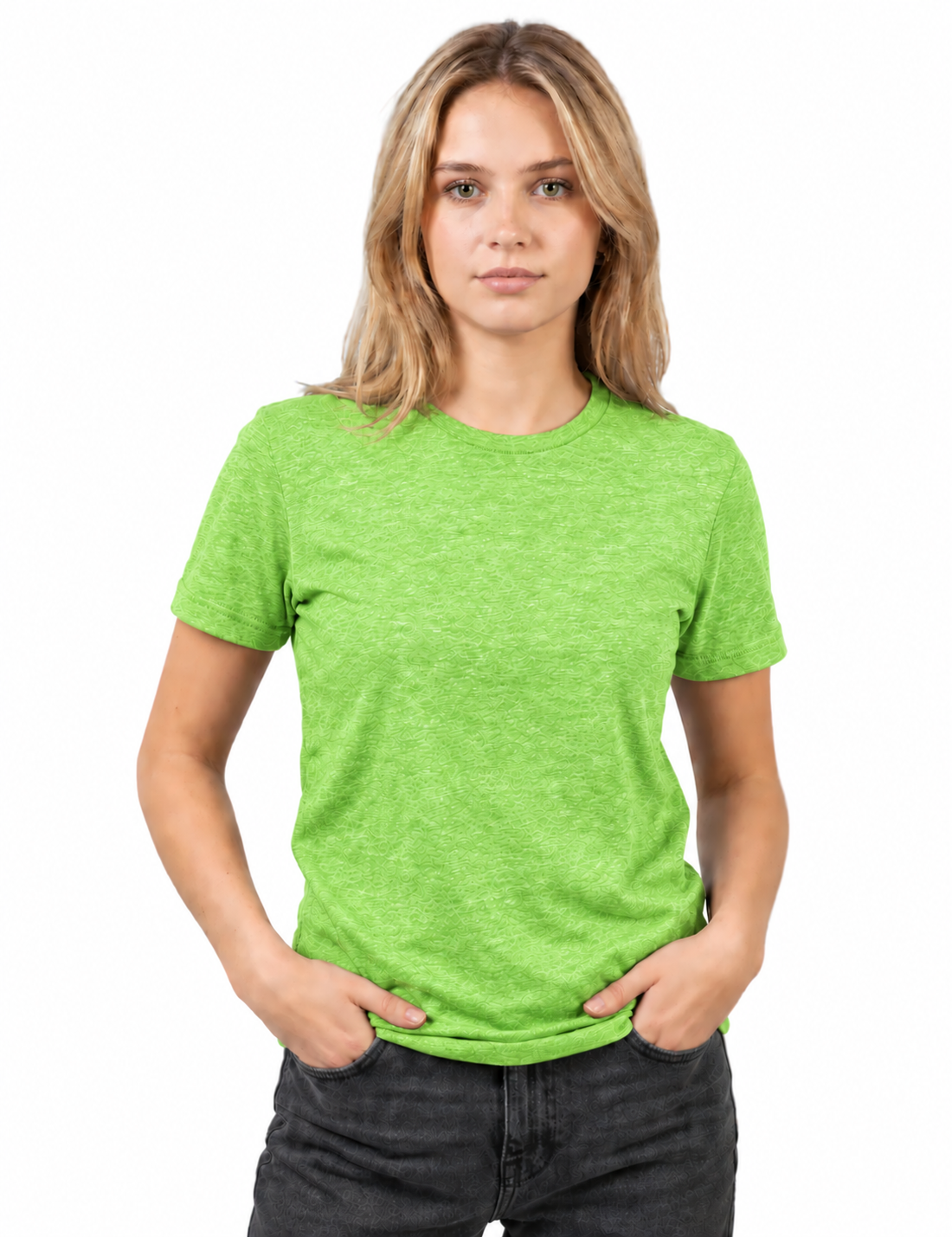 A woman modeling a bright lime green short-sleeve crewneck t-shirt against a plain white background.
