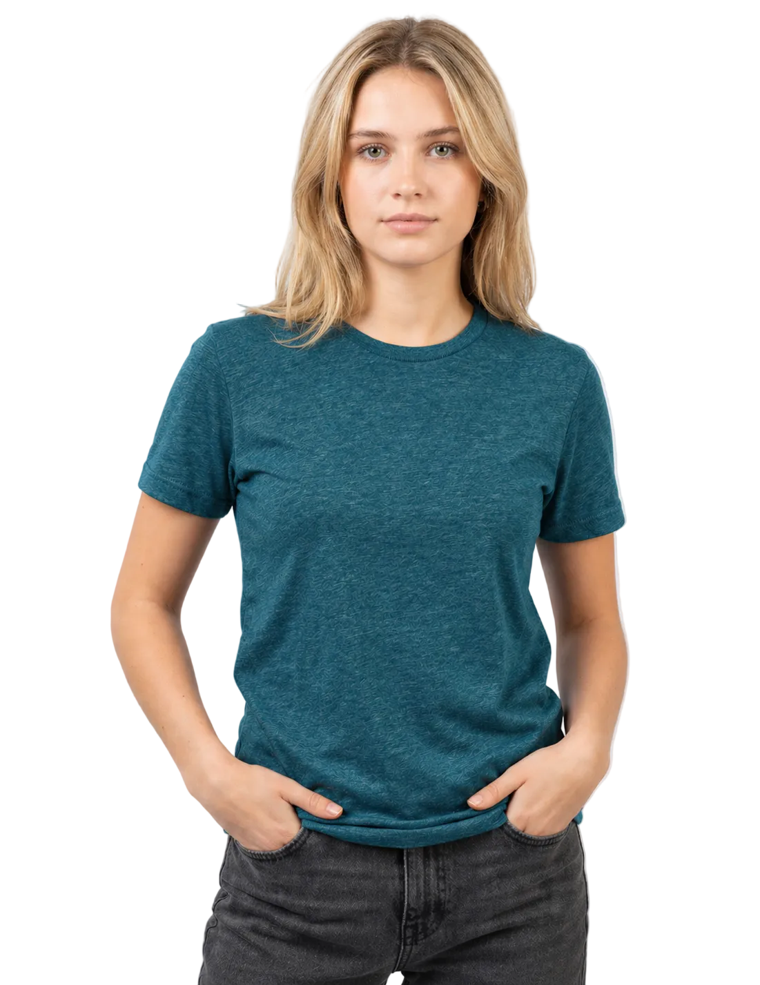 Woman wearing a teal t-shirt against a plain background