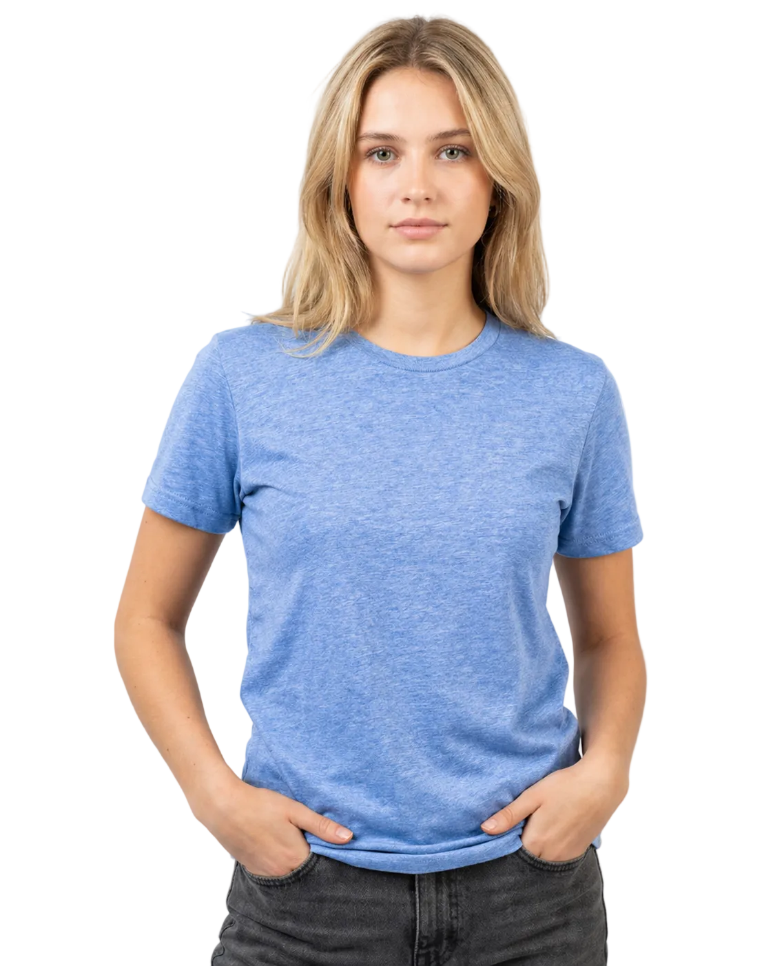 Woman wearing a blue t-shirt against a plain background