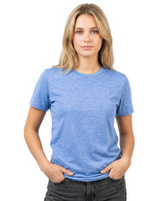 Woman wearing a blue t-shirt against a plain background