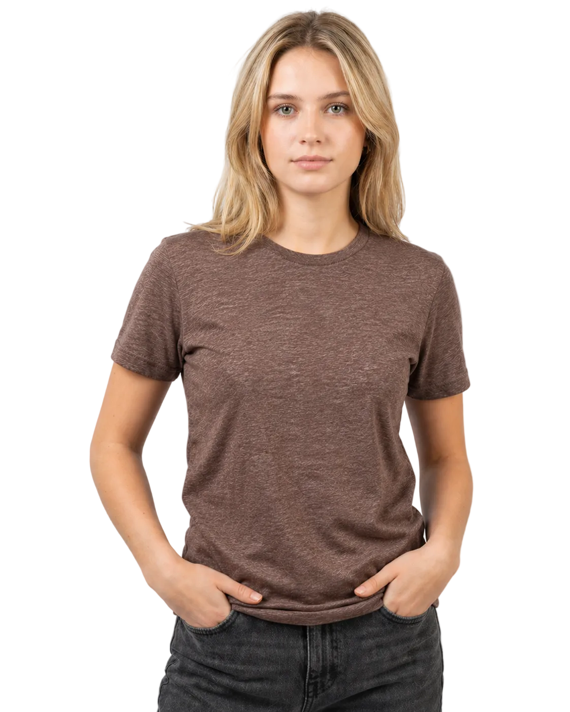 Woman wearing a brown t-shirt against a plain background