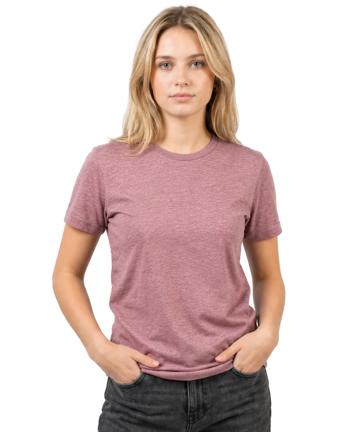 Woman wearing a mauve t-shirt against a white background