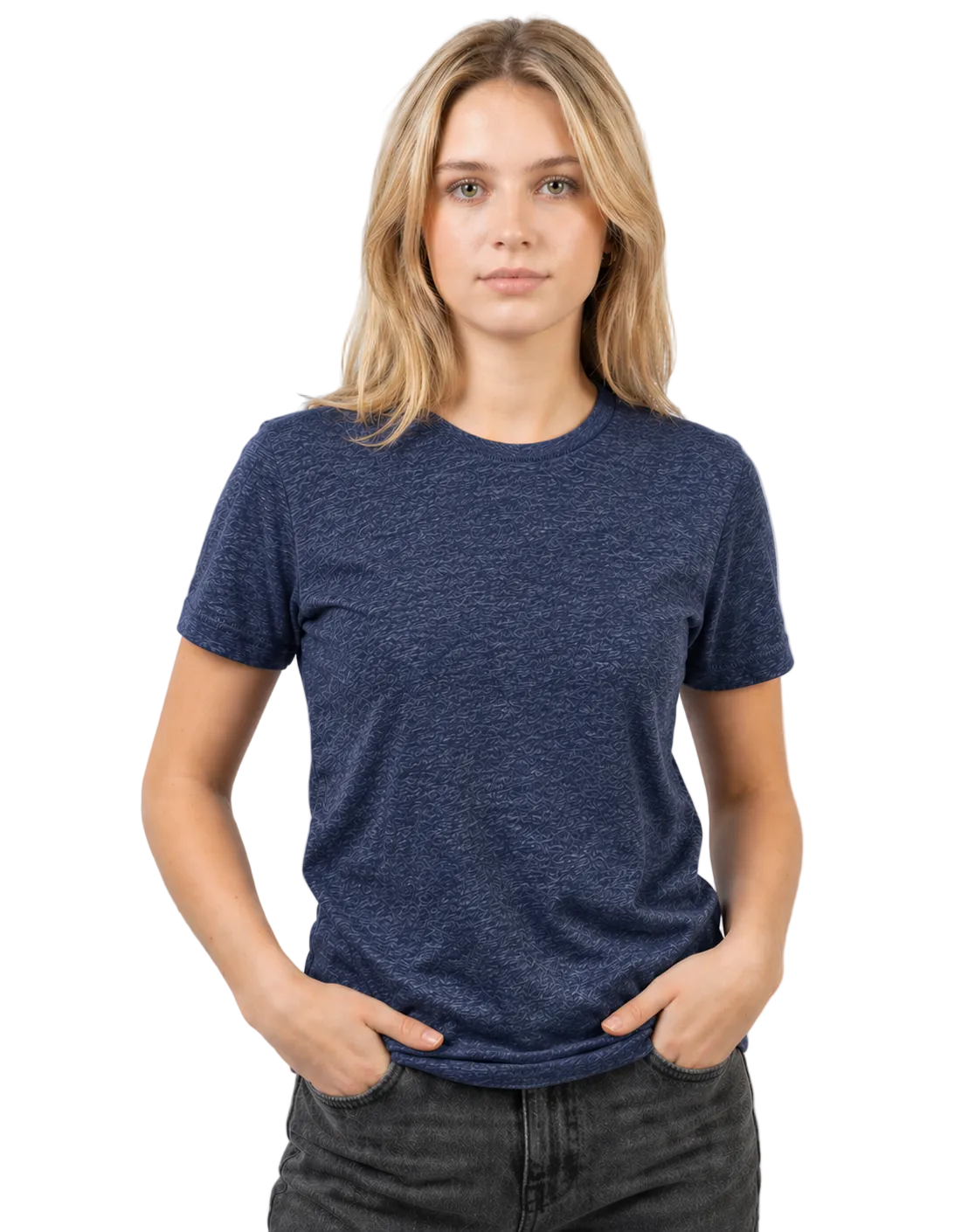 Person wearing a blue t-shirt against a plain background