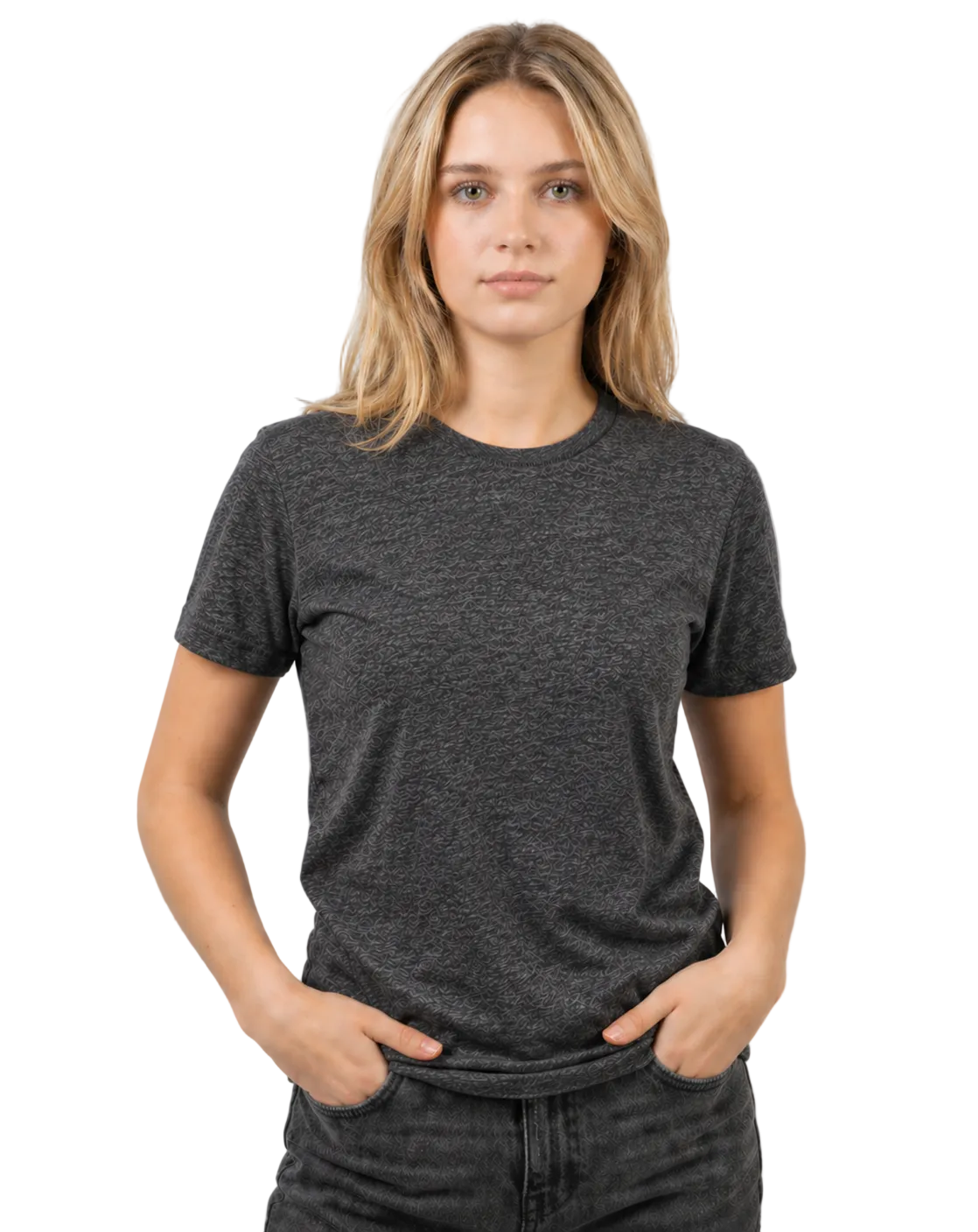 Person wearing a blue t-shirt against a plain background