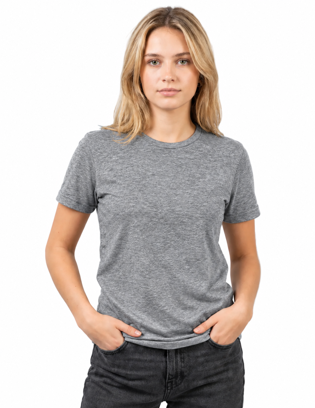 A woman with blonde hair wearing a short-sleeve heather gray crewneck t-shirt and dark gray jeans, standing against a plain white background.