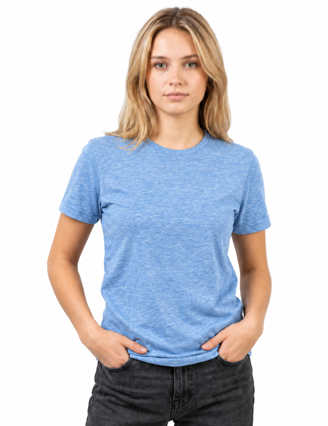A woman with blonde hair wearing a heathered blue crewneck t-shirt and dark gray jeans, standing against a plain white background.