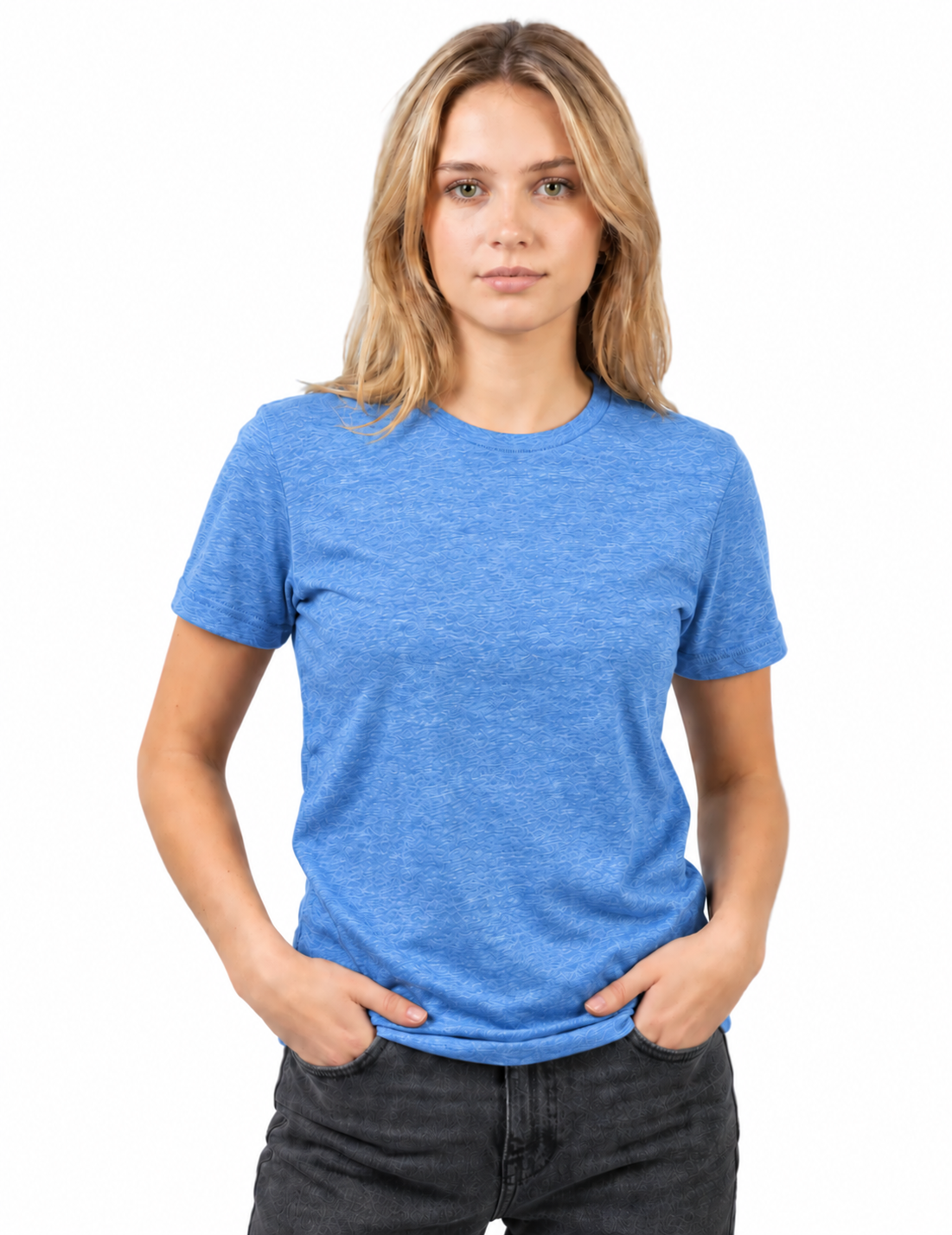 A woman with blonde hair wearing a heather blue crewneck t-shirt and dark gray jeans, standing against a solid white background.