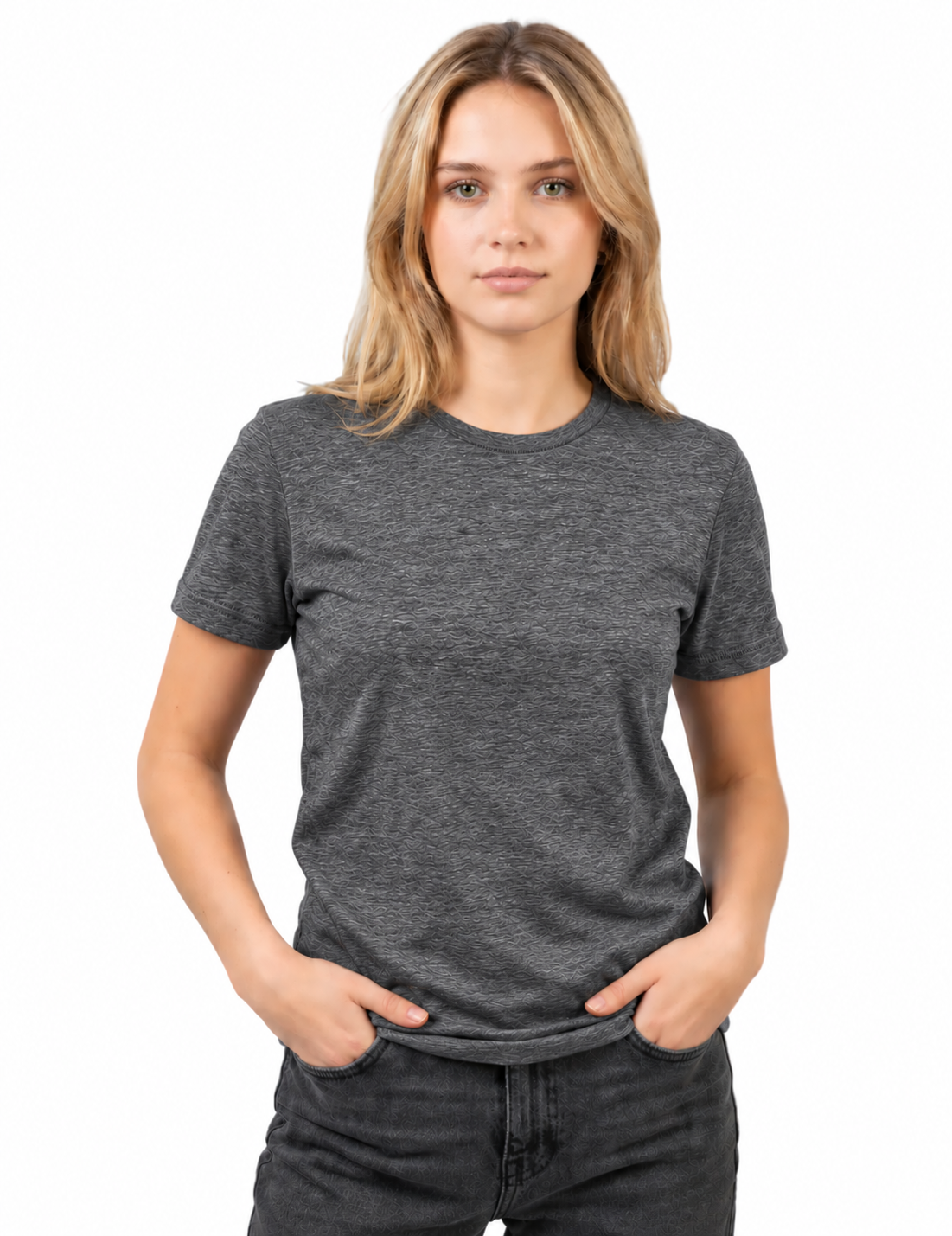 A woman with blonde hair wearing a dark heather gray crewneck t-shirt and dark gray jeans, standing against a solid white background.