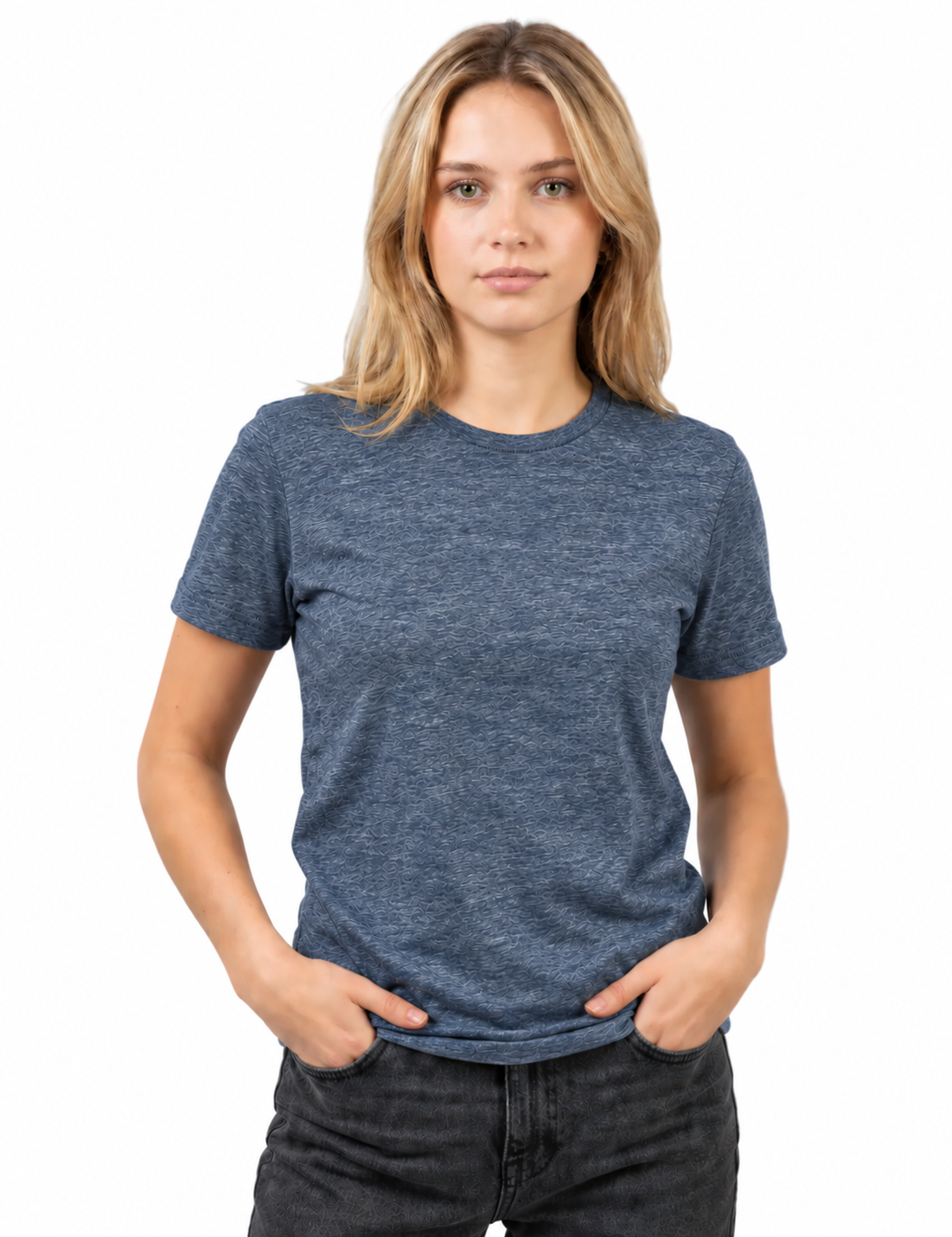 A woman with blonde hair wearing a heathered slate blue crewneck t-shirt and dark gray jeans, standing against a plain white background.