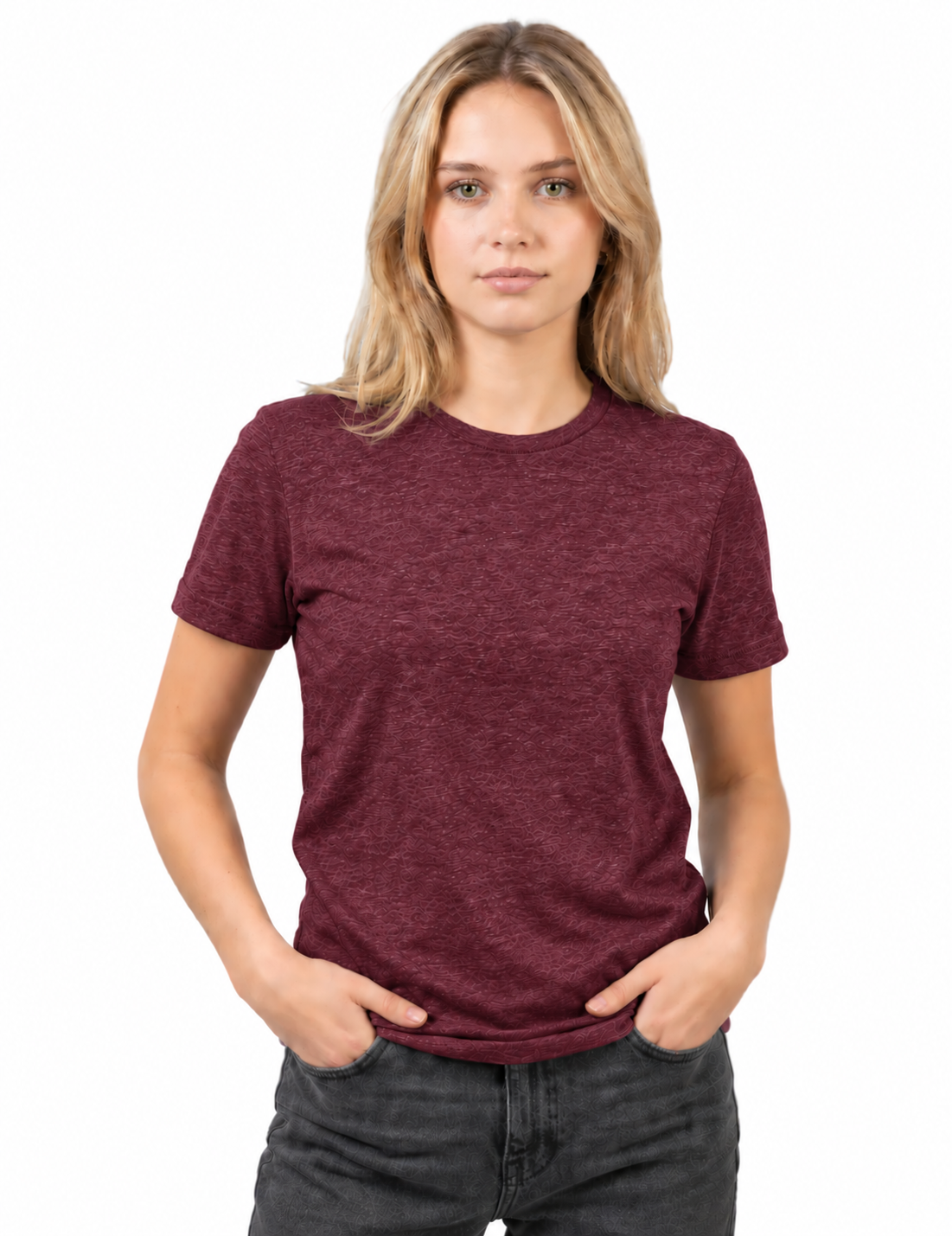 A woman with blonde hair wearing a short-sleeve crewneck t-shirt in heathered burgundy, paired with dark gray jeans, standing against a plain white background.