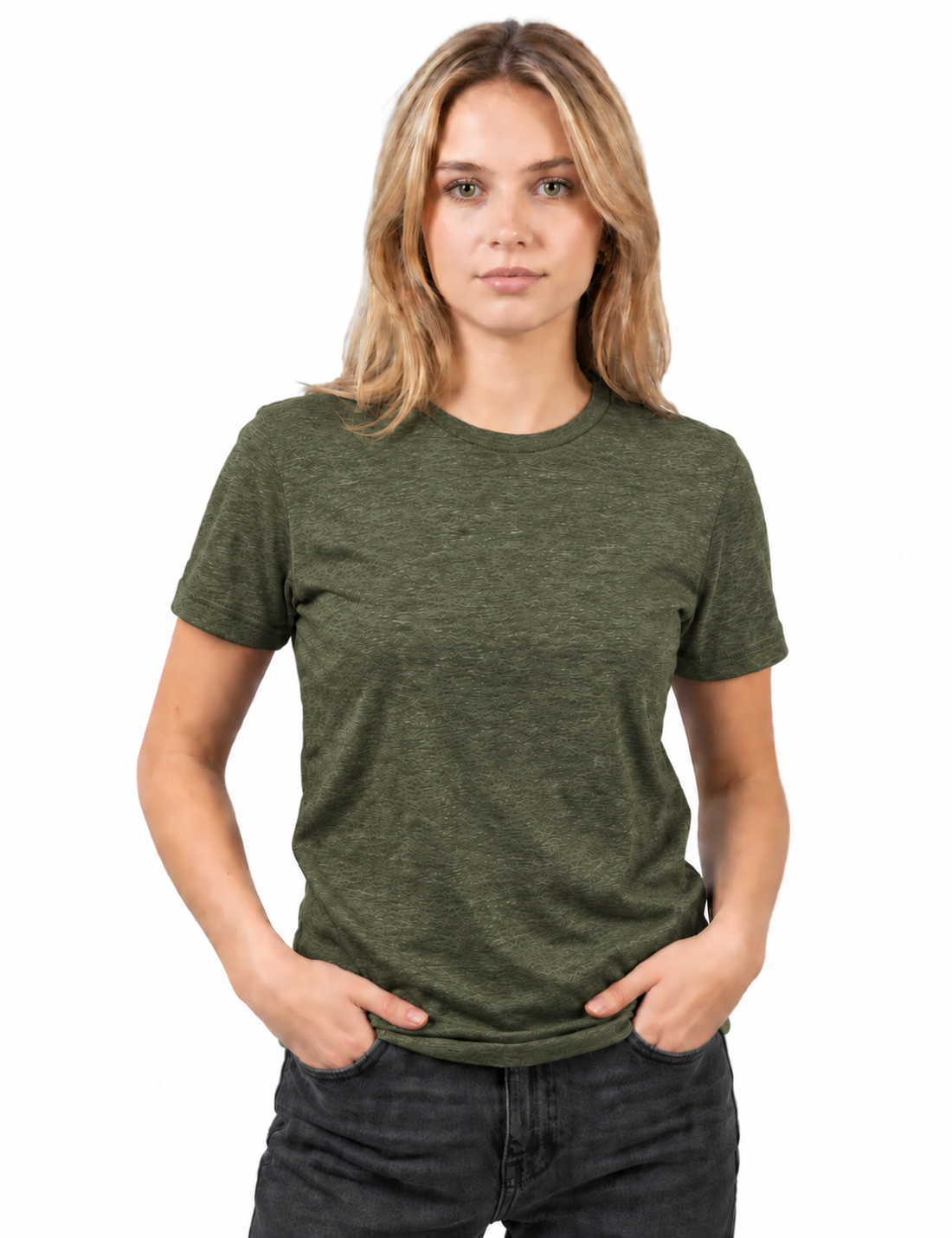 A woman with blonde hair wearing a short-sleeve crewneck t-shirt in heathered olive green, paired with dark gray jeans, standing against a solid white background.