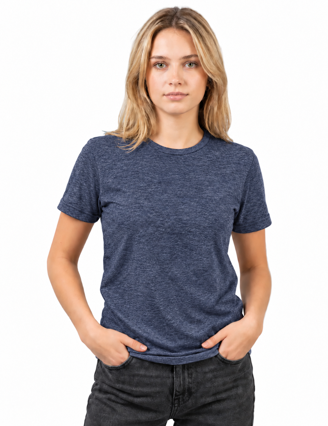 A woman with blonde hair wearing a heathered navy blue crewneck t-shirt and dark gray jeans, standing against a plain white background.