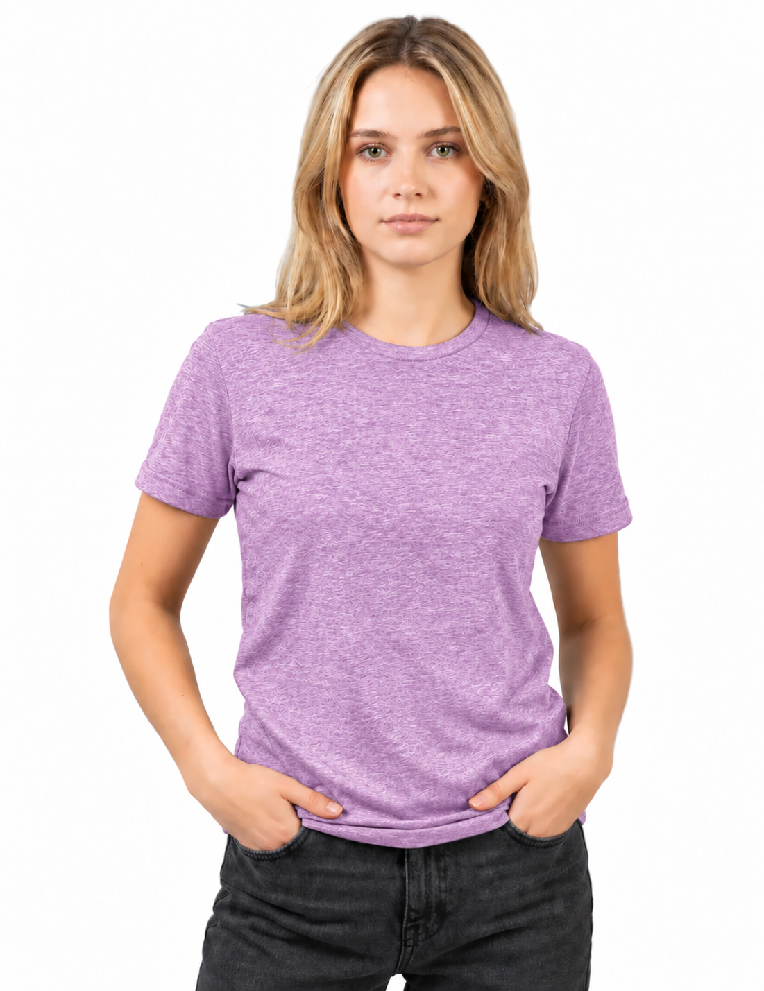 A woman with blonde hair wearing a heathered light purple crewneck t-shirt and dark gray jeans, standing against a plain white background.