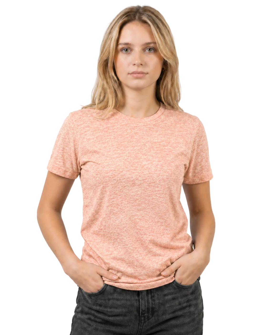 Woman wearing a pink t-shirt against a gray background