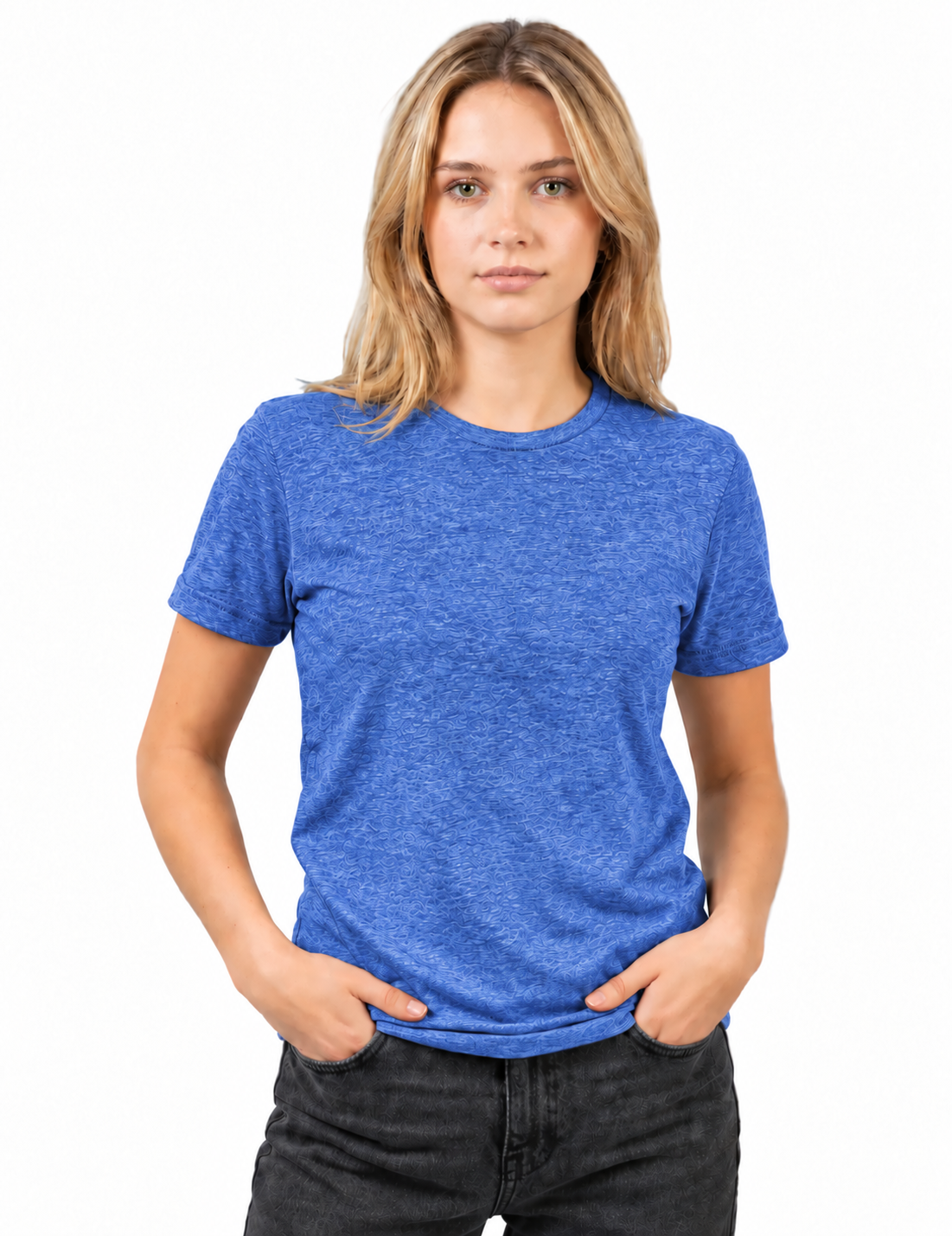 A woman with blonde hair wearing a heather blue crewneck t-shirt and dark gray jeans, standing against a plain white background.