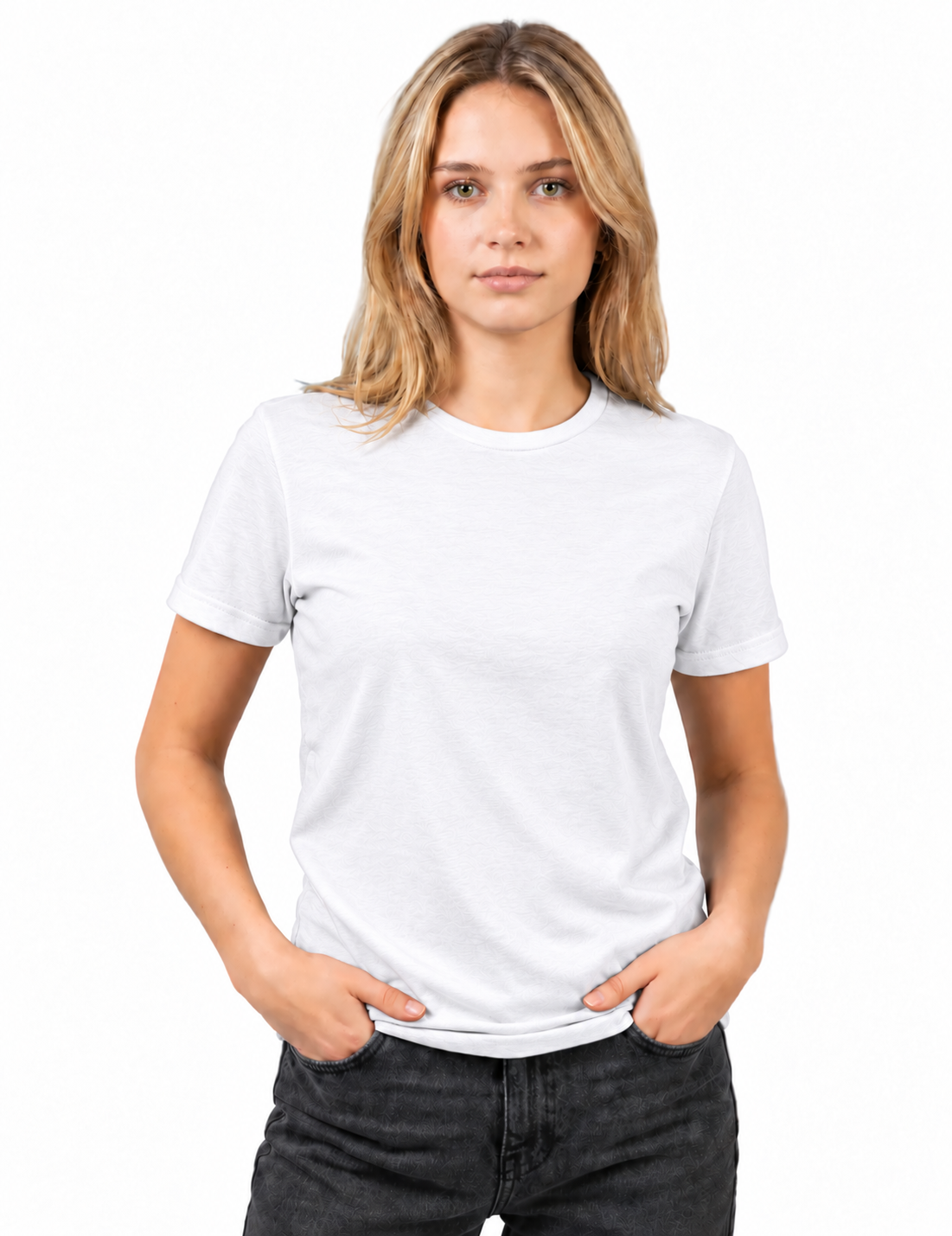 A woman with blonde hair wearing a plain white short-sleeve crewneck t-shirt and dark gray jeans, standing against a solid white background.