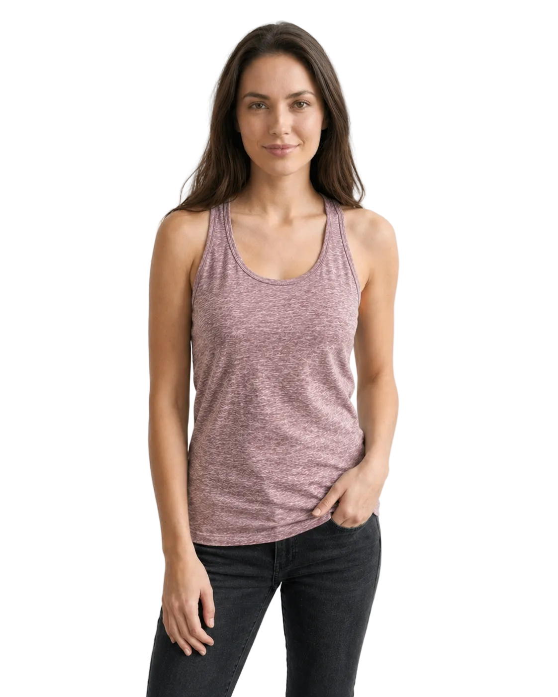 Woman wearing a maroon tank top and black pants against a white background