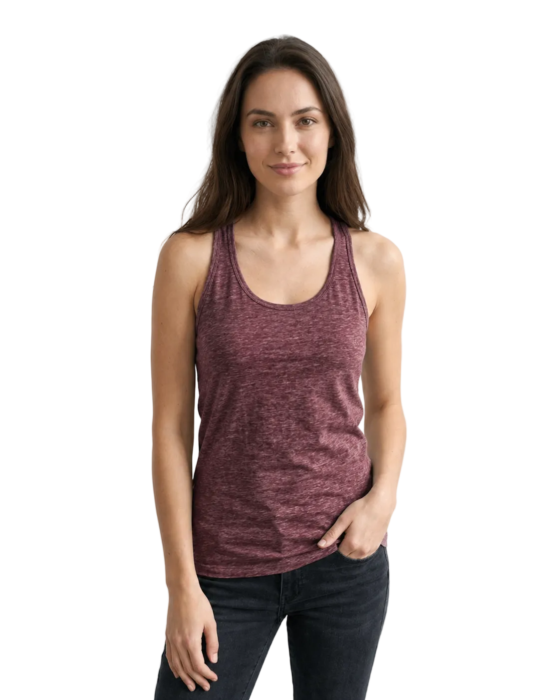 Woman wearing a maroon tank top against a white background