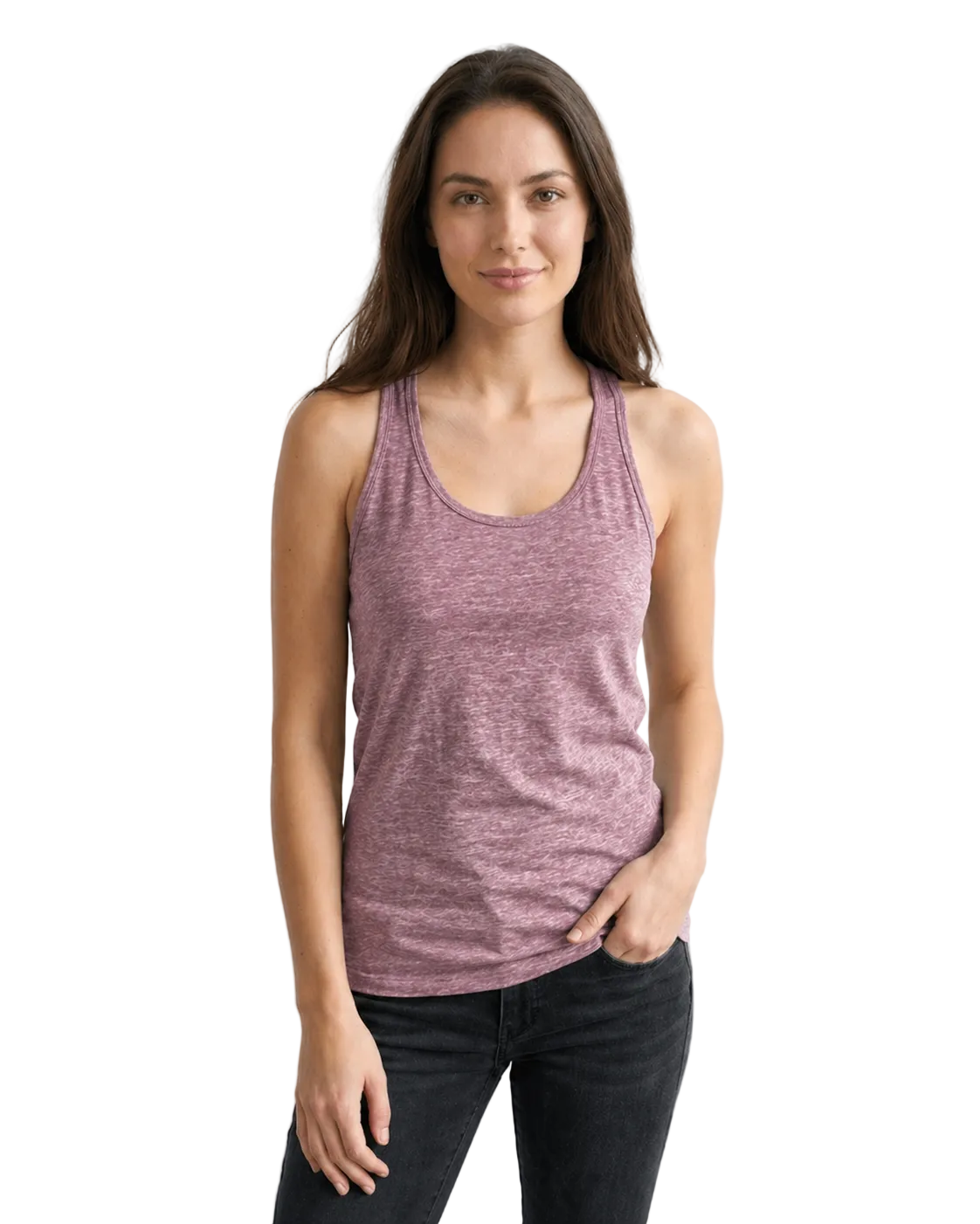 Woman wearing a purple tank top against a white background