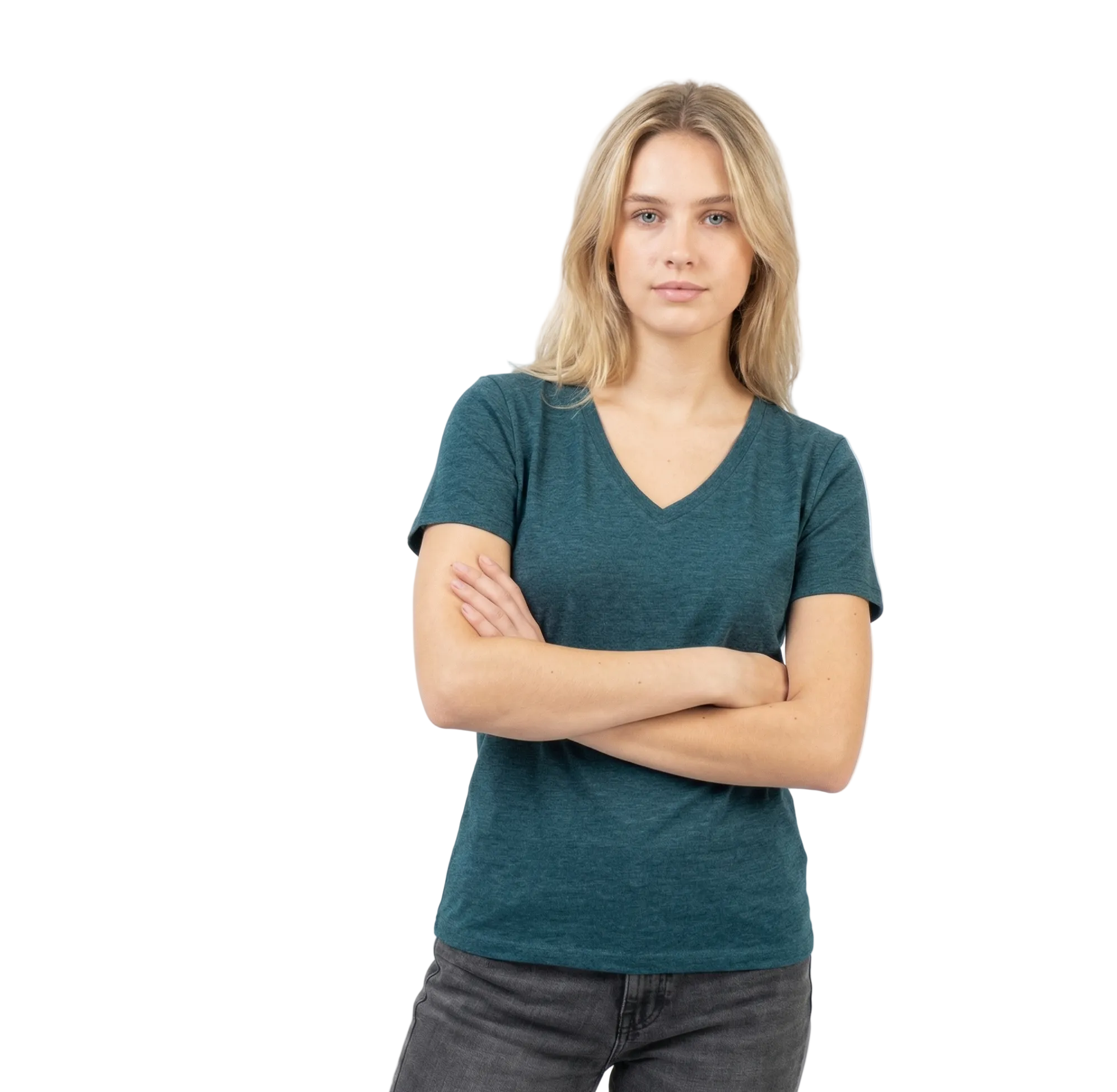 Woman wearing a teal t-shirt and gray pants on a white background