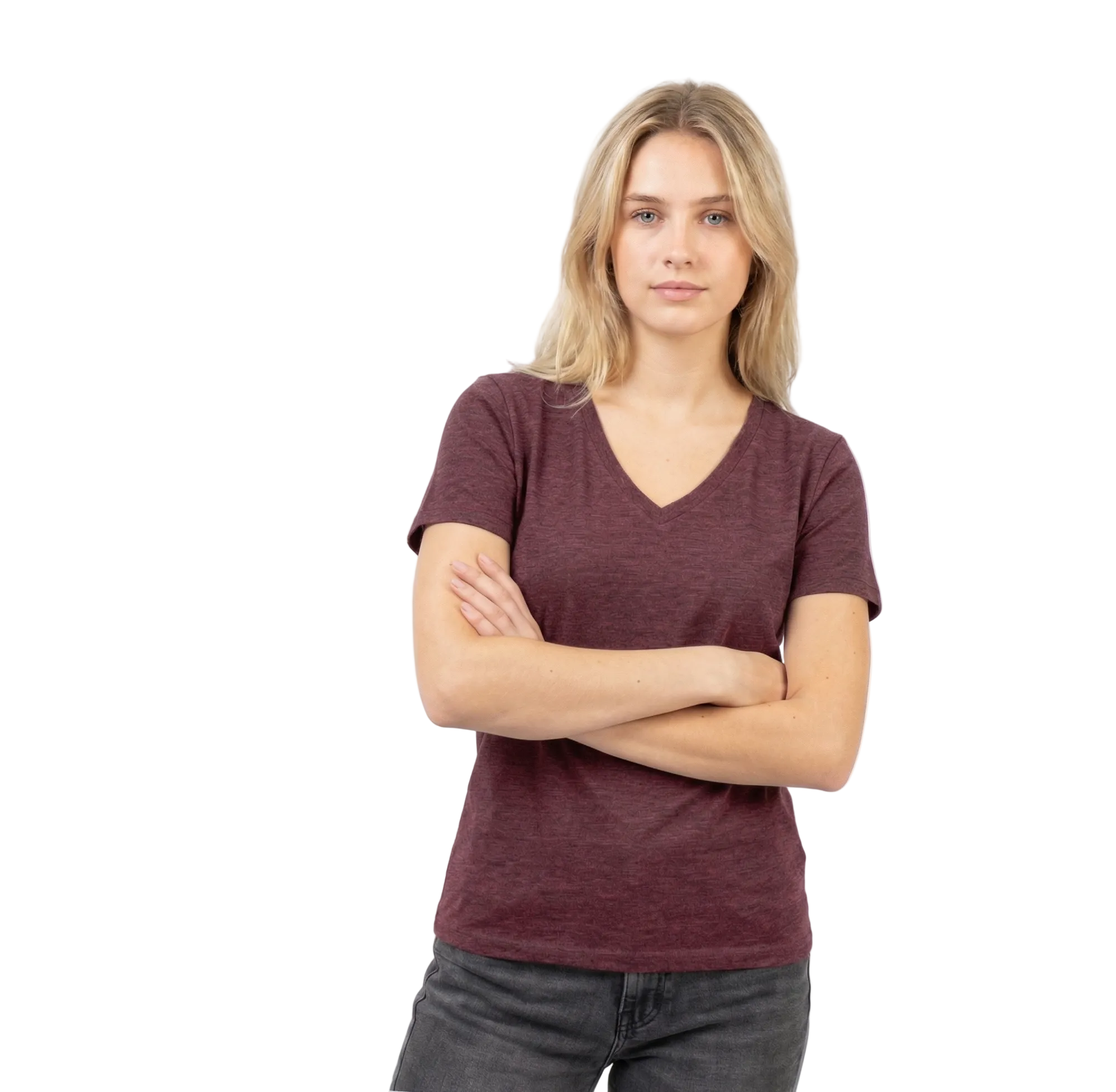 Woman wearing a maroon t-shirt and gray pants on a white background