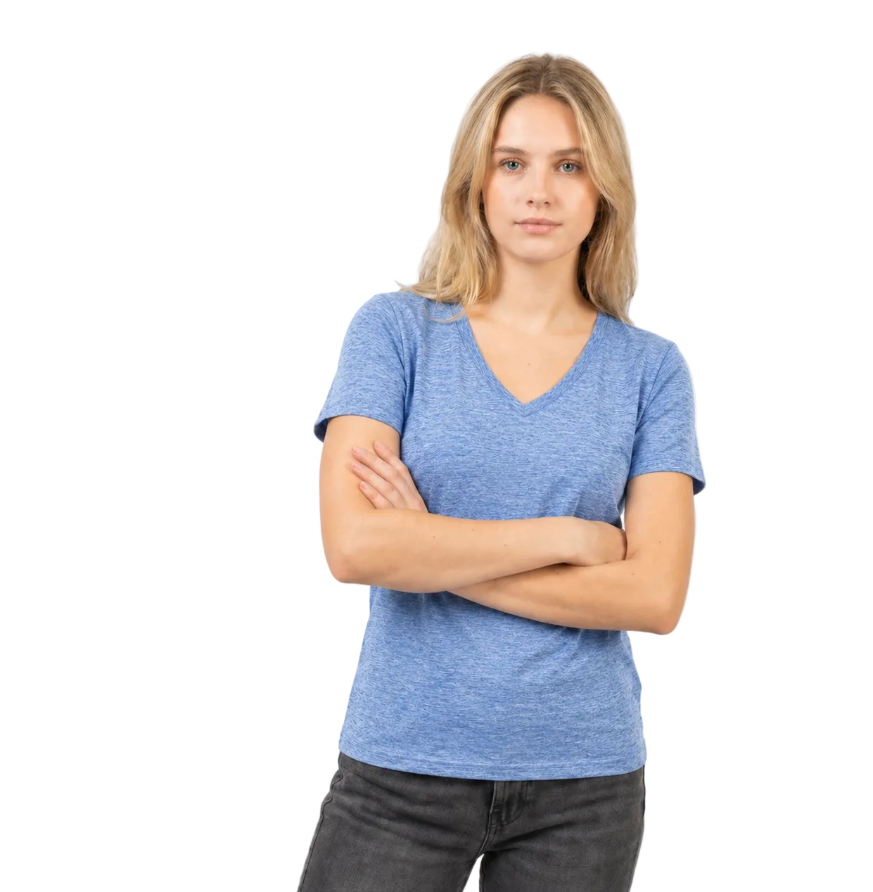 Woman wearing a blue t-shirt against a white background