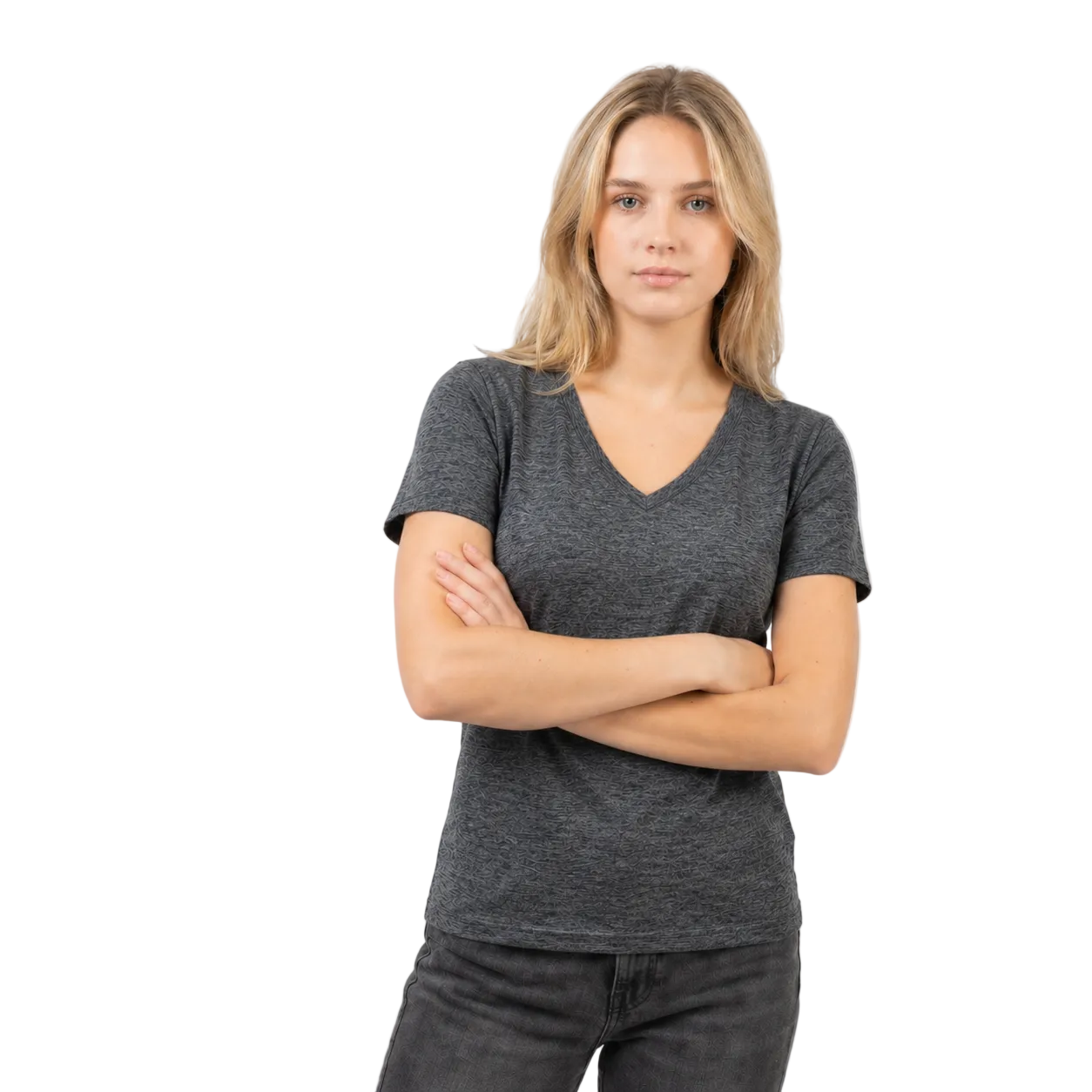 Woman wearing a gray t-shirt against a white background
