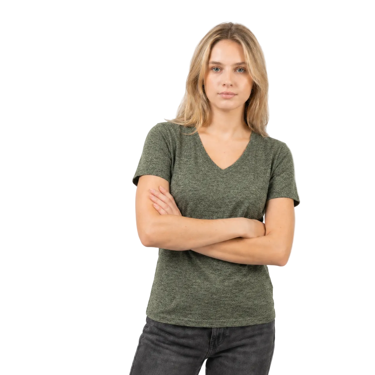 Woman wearing a green t-shirt against a white background