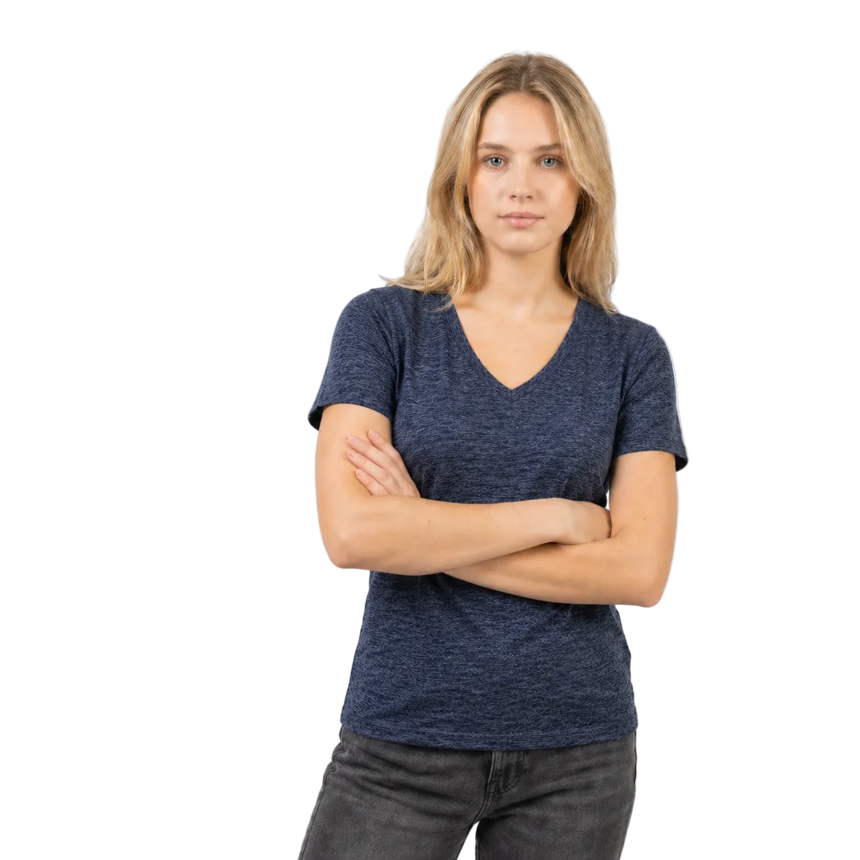 Woman wearing a blue t-shirt against a white background