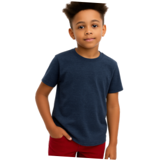 Child wearing a navy blue t-shirt and red shorts on a white background