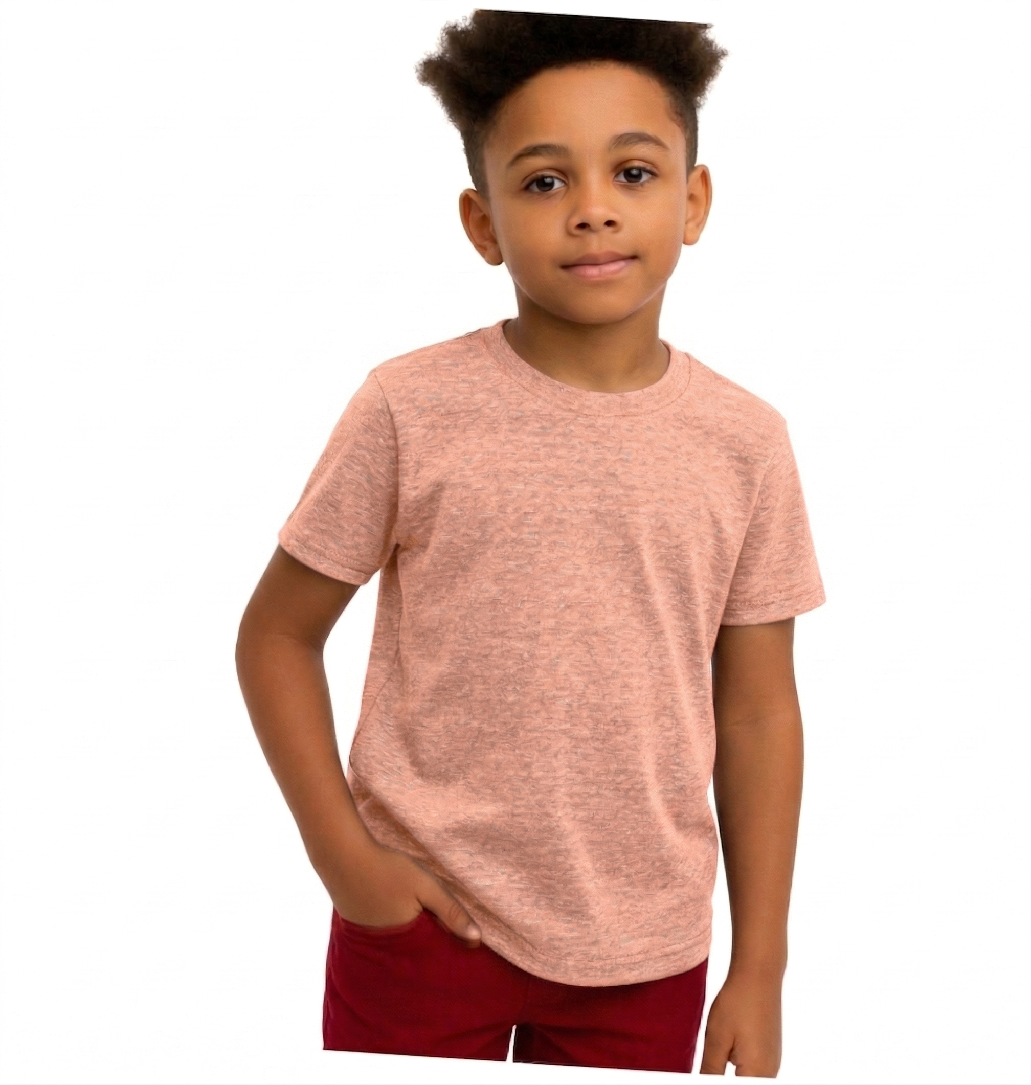 Child wearing a pink t-shirt and red shorts on a white background