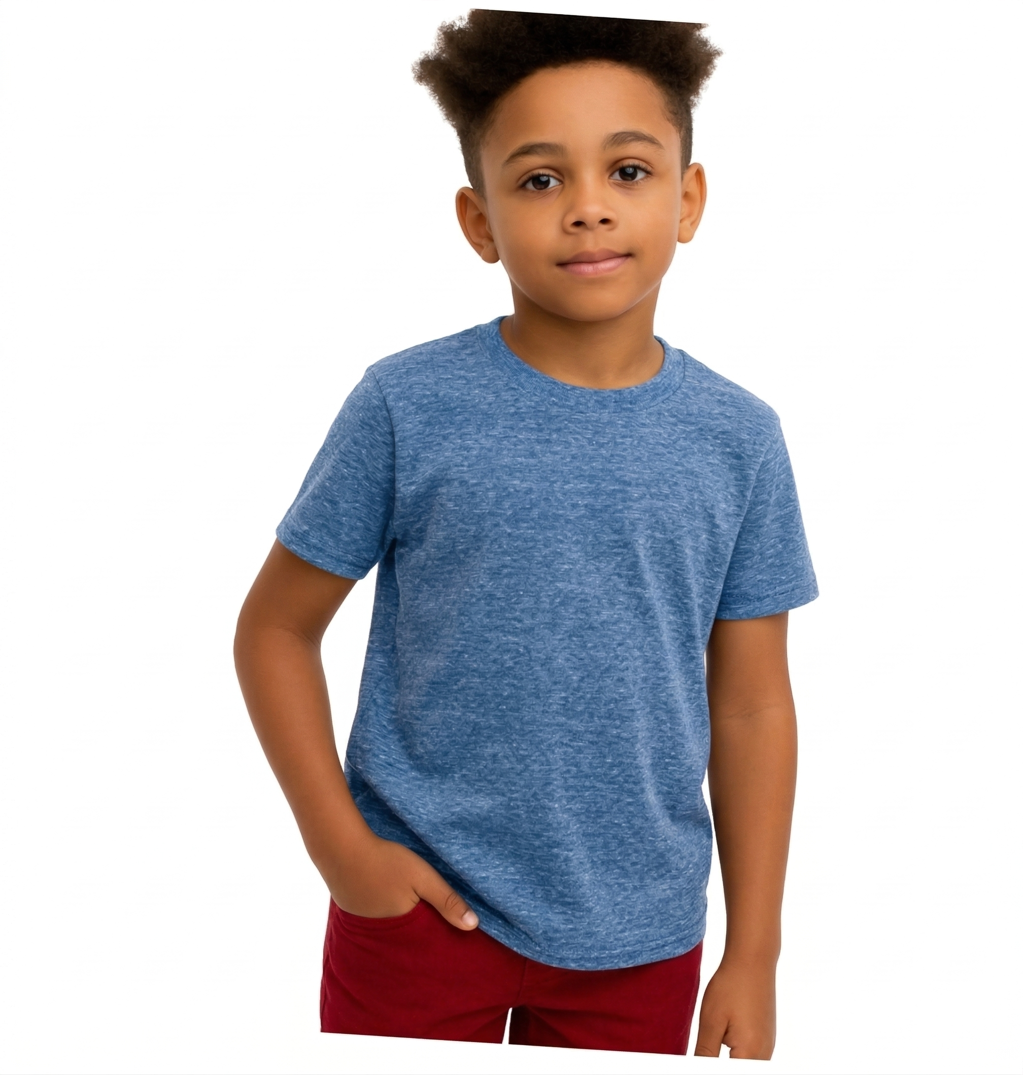 Child wearing a blue t-shirt and red shorts on a white background