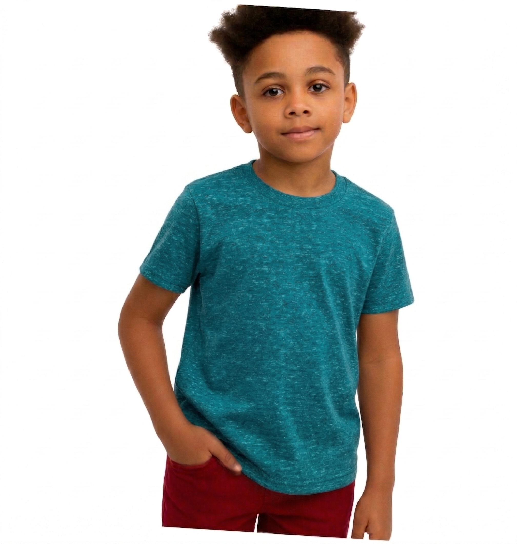 Child wearing a teal t-shirt and red shorts on a white background