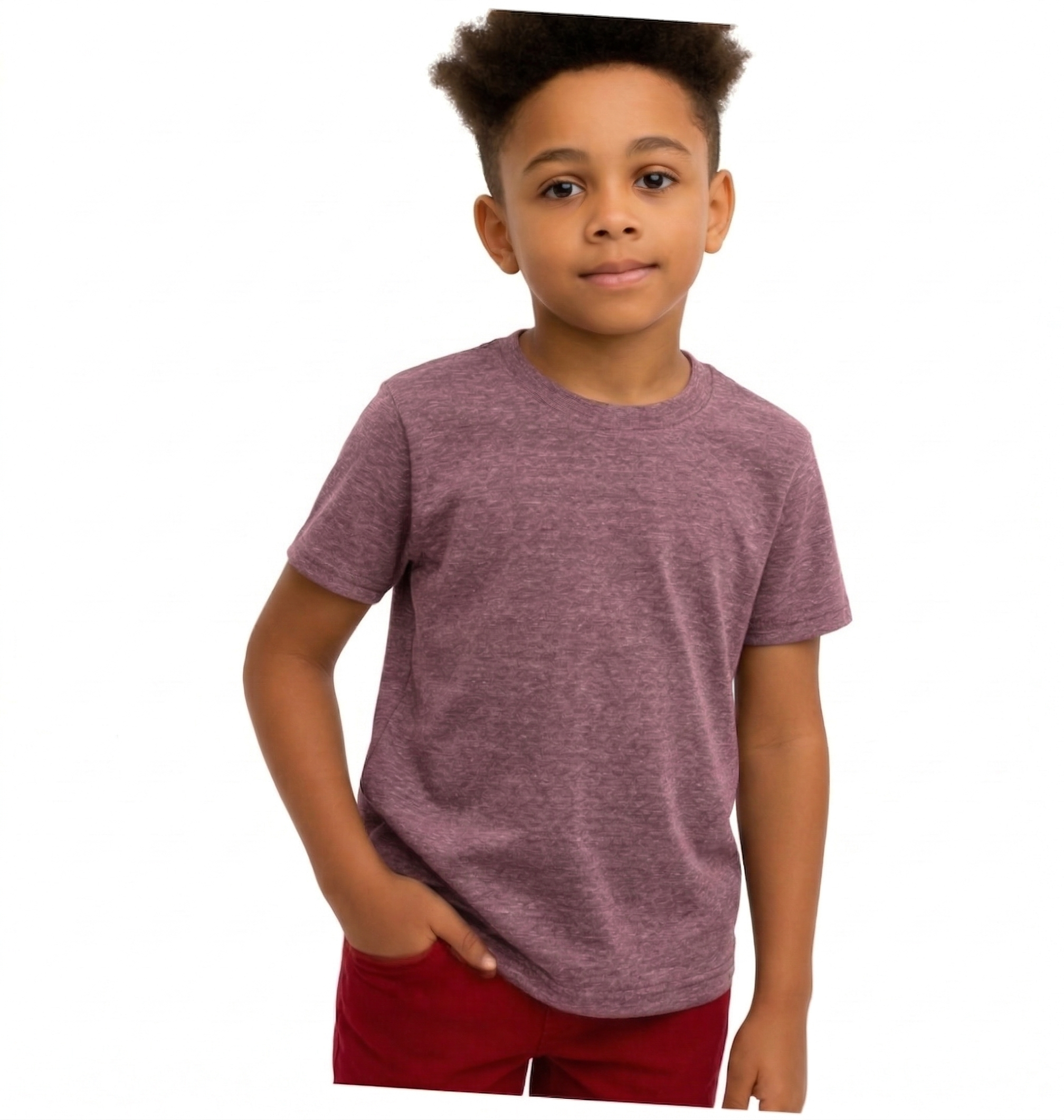 Child wearing a maroon t-shirt and red shorts on a white background