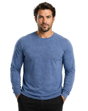 Man wearing a blue long-sleeve shirt on a white background