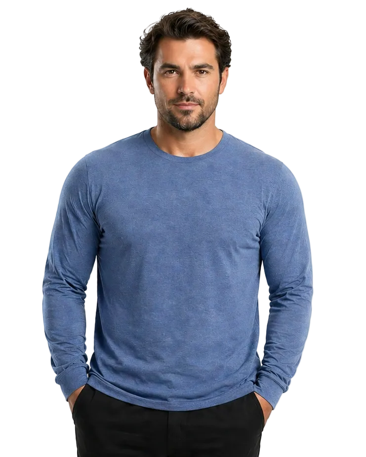 Man wearing a blue long-sleeve shirt on a white background