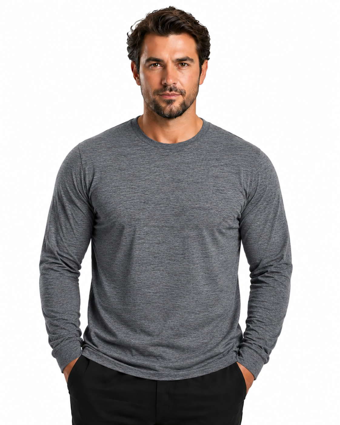 A man wearing a dark heather gray long-sleeve crewneck shirt and black pants, standing against a plain white background.