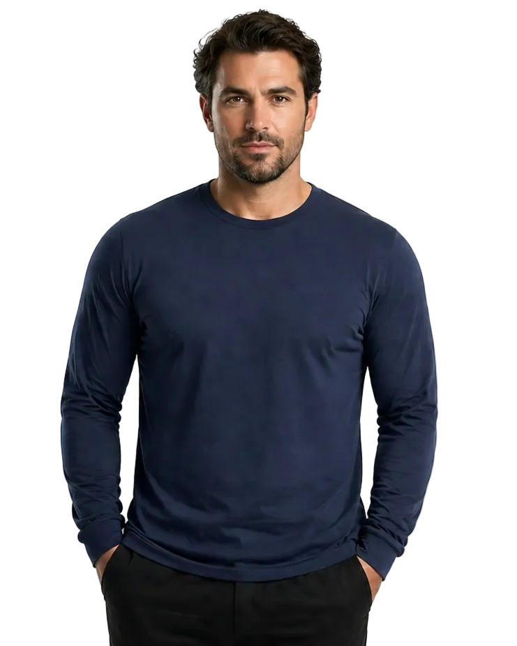 Man wearing a navy long-sleeve shirt on a white background